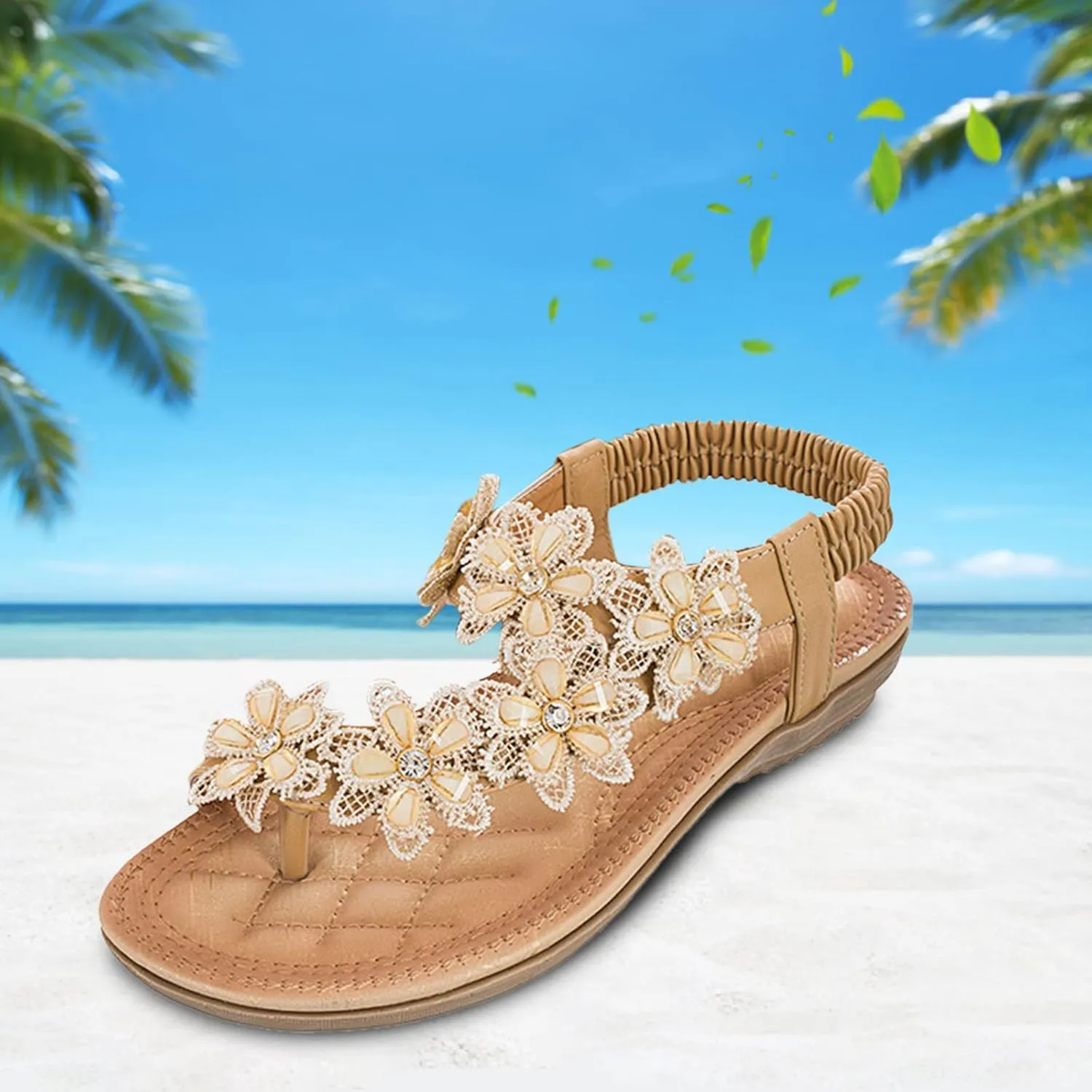 Lightweight Bohemian Sandals for Women Rhinestone Open Toe Slip on Casual Sandal Fashion Flat Sandals for Women