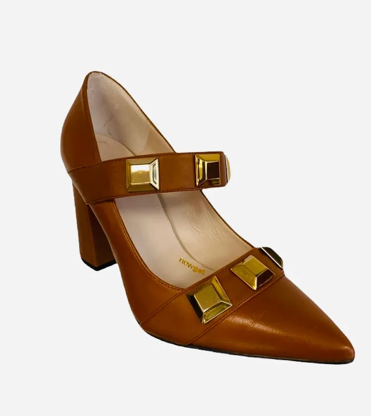 Lodi tan leather block heeled shoe