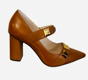Lodi tan leather block heeled shoe