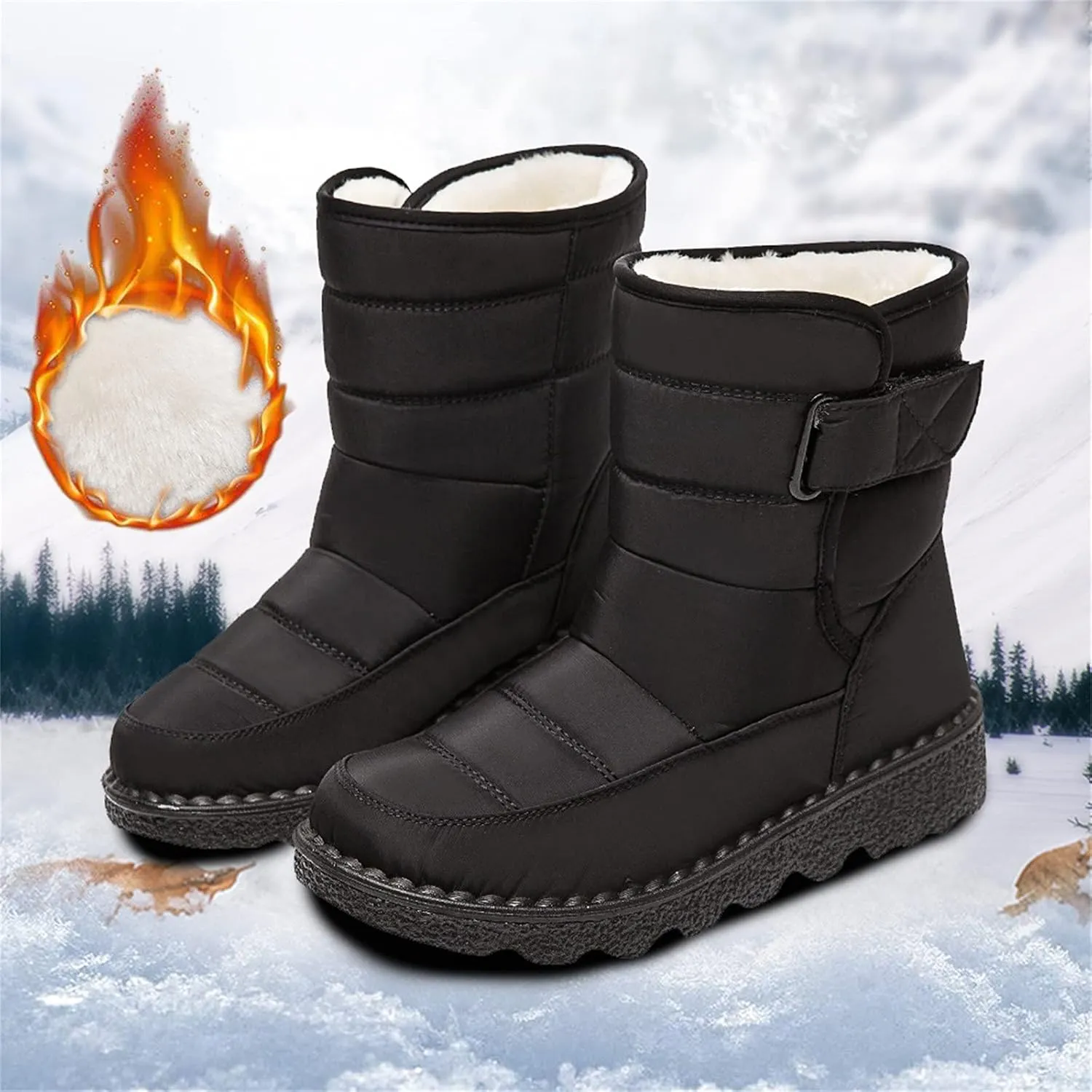 Lug Sole Snow Boots for Women Fur Lined Warm Outdoor Walking Boots Winter Waterproof Non-Slip Booties Snow Shoes