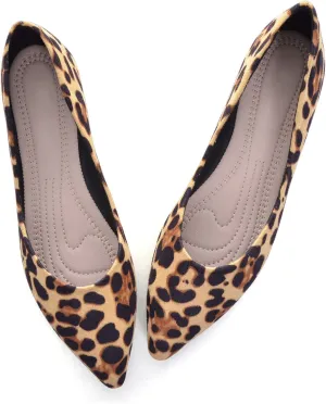 LUXINYU Women's Slip on Flats,Pointy Toe Suede Ballet Flats Leopard Dress Shoes
