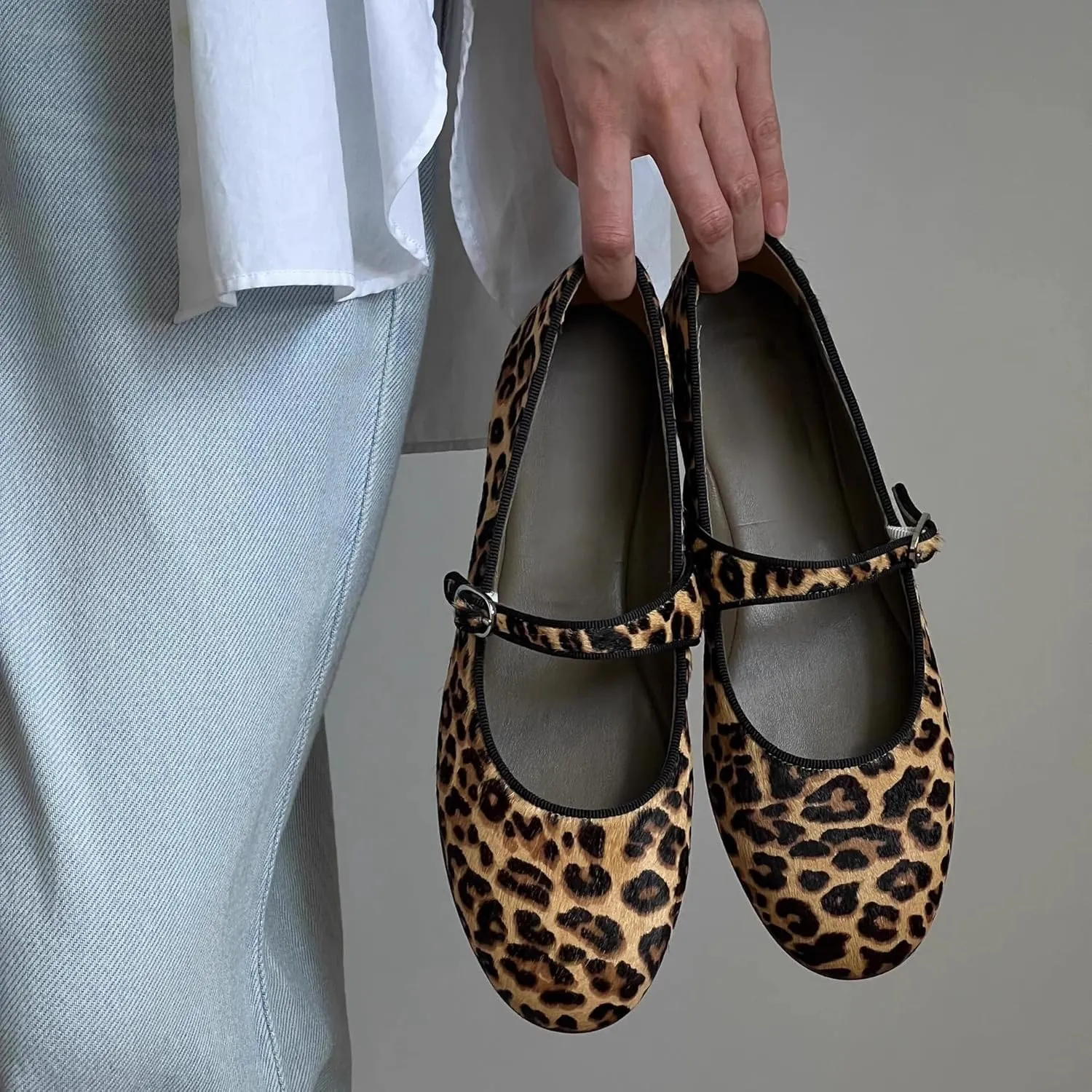 Mary Jane Flat Snap Leopard Square Toe Flats Comfortable Square Toe Flats