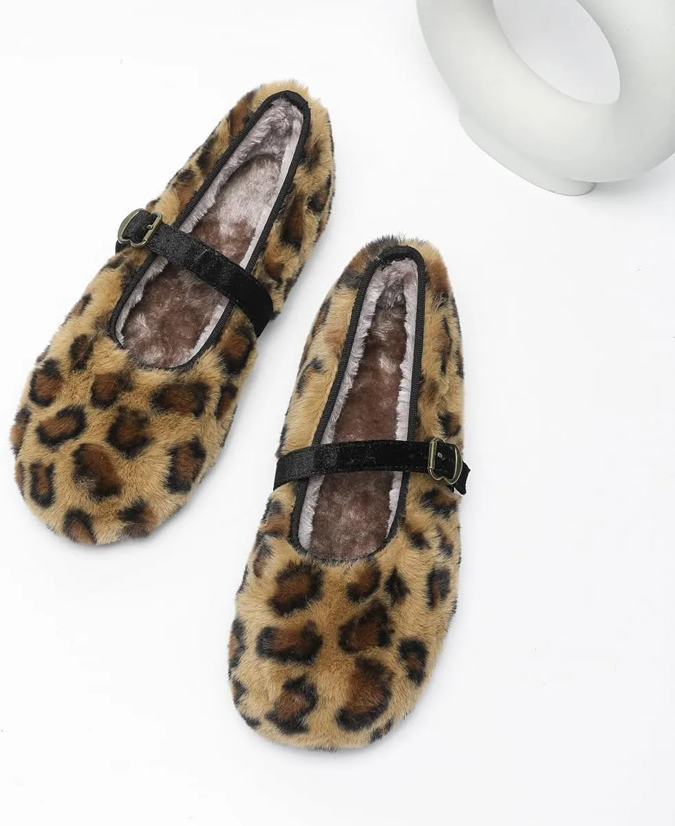 Mary Jane Flat Snap Leopard Square Toe Flats Comfortable Square Toe Flats