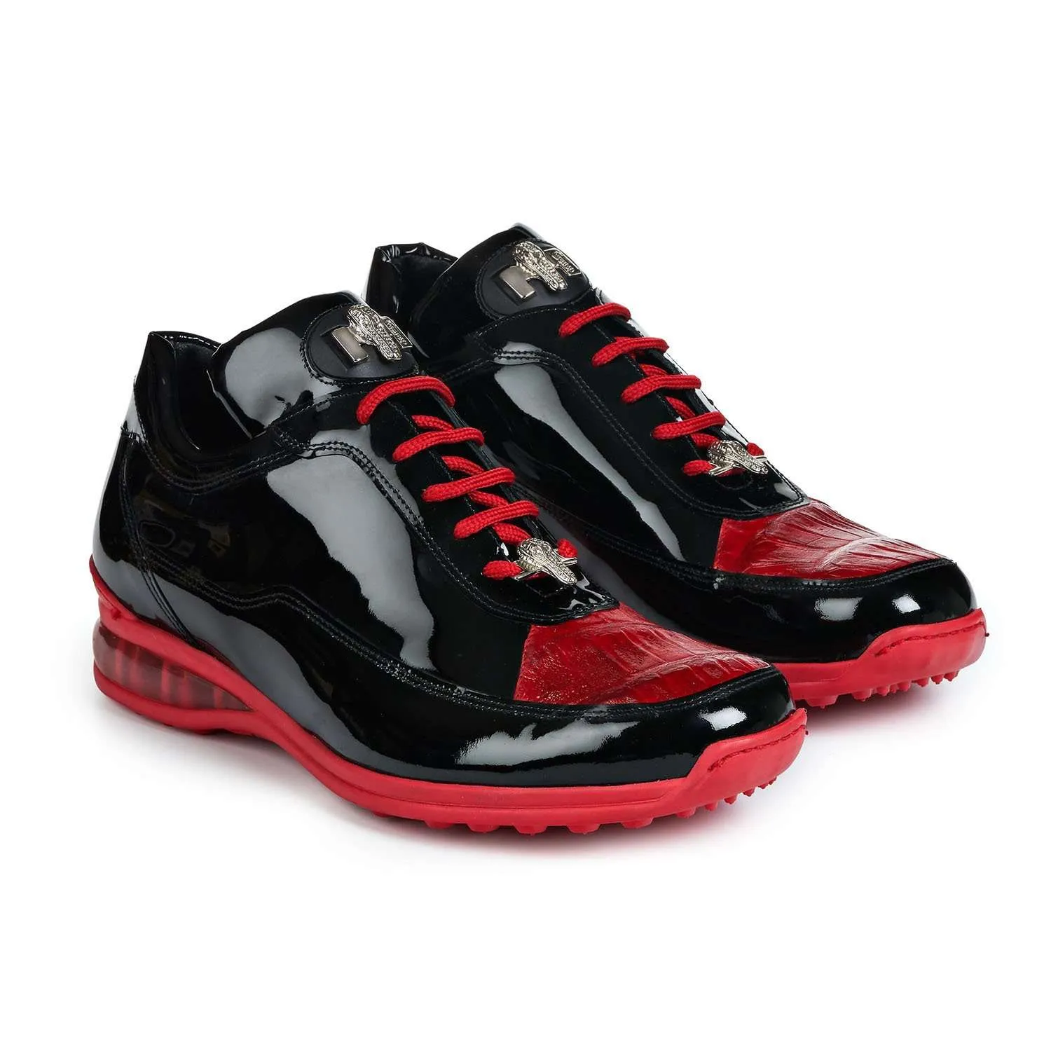 Mauri 8900/2 Bubble Men's Designer Shoes Red and Black Baby Crocodile and Patent Leather Sneakers (MA5019)