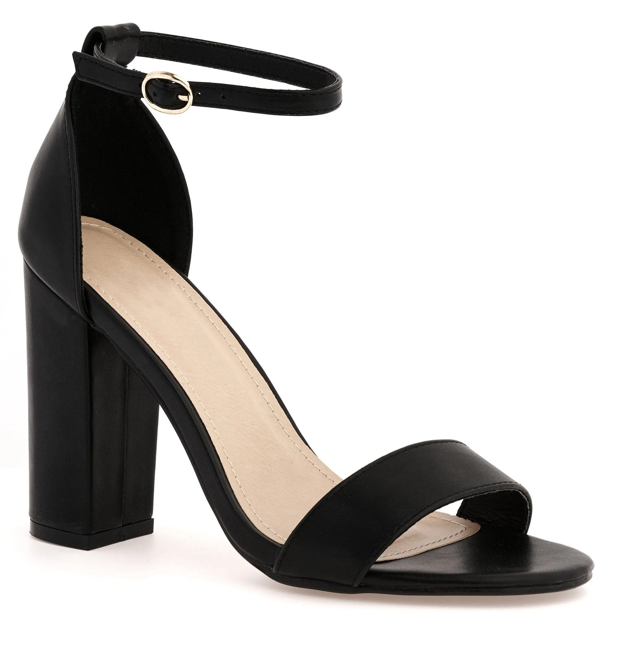 May Barely There Block Heel Ankle Strap Sandal in Black Matt