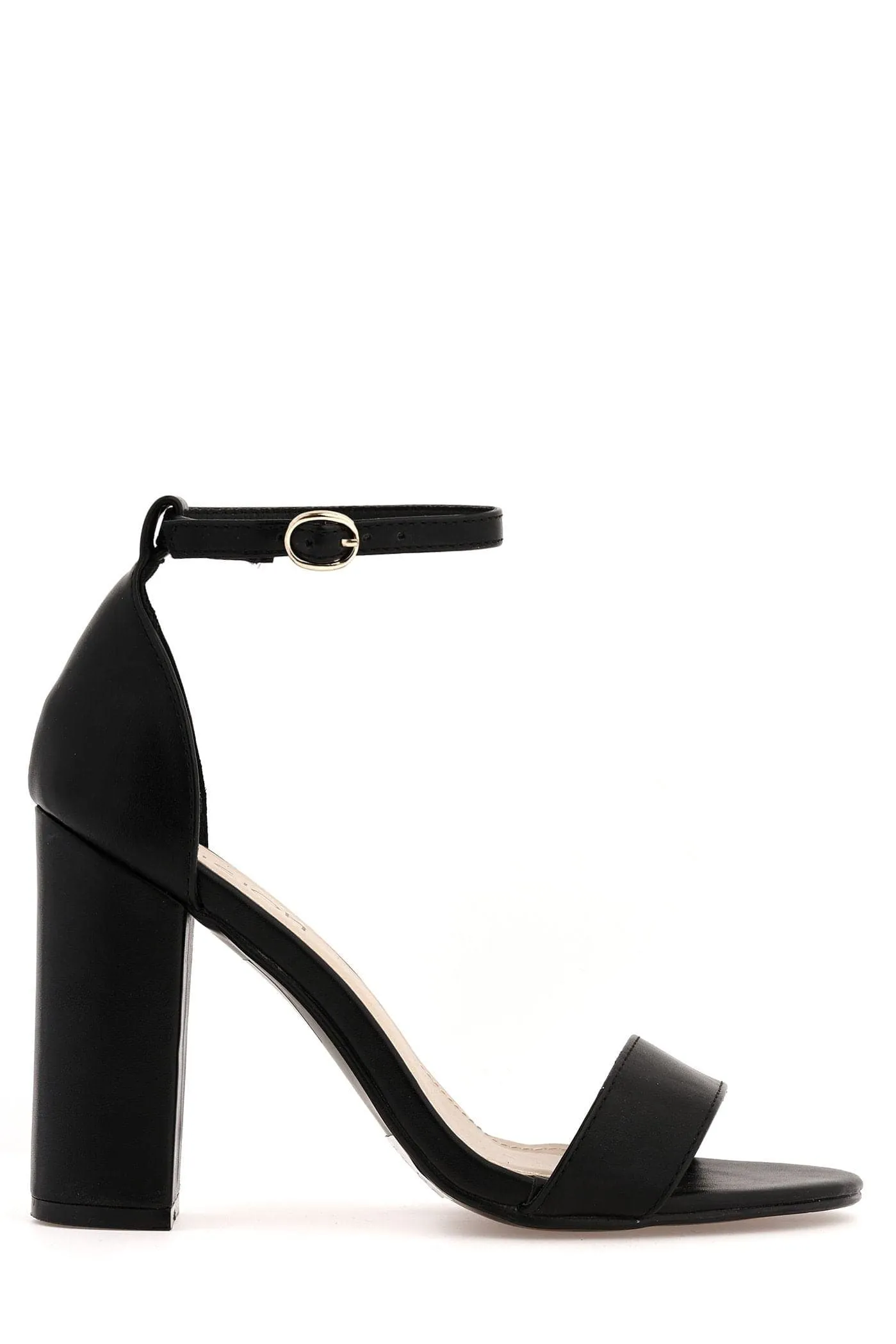May Barely There Block Heel Ankle Strap Sandal in Black Matt