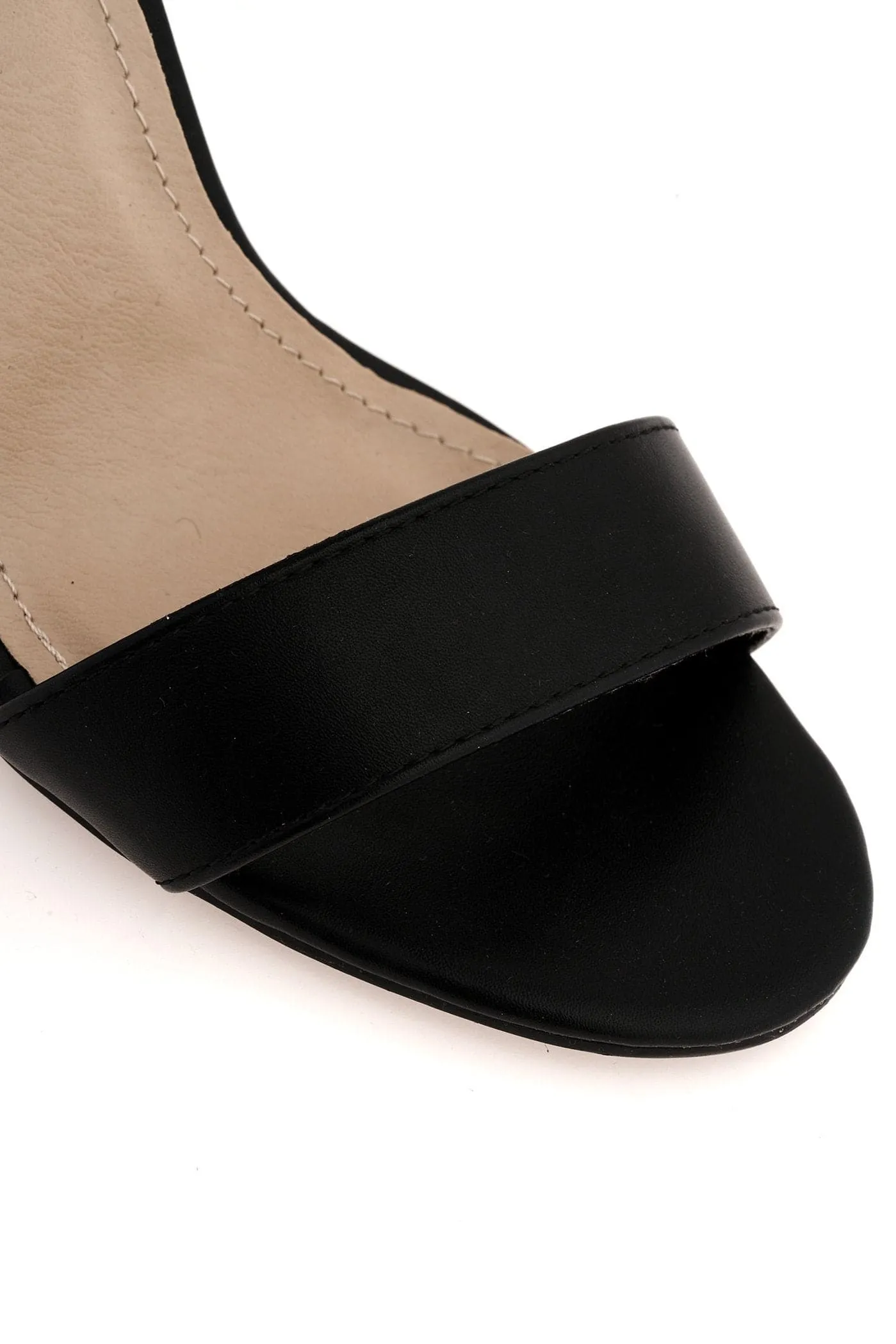May Barely There Block Heel Ankle Strap Sandal in Black Matt
