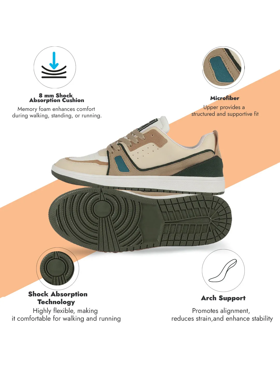 Men Olive Colorblocked Memory Cushion Insole Lace-Up Low Top Sneakers|Classic Comfortable Sneakers