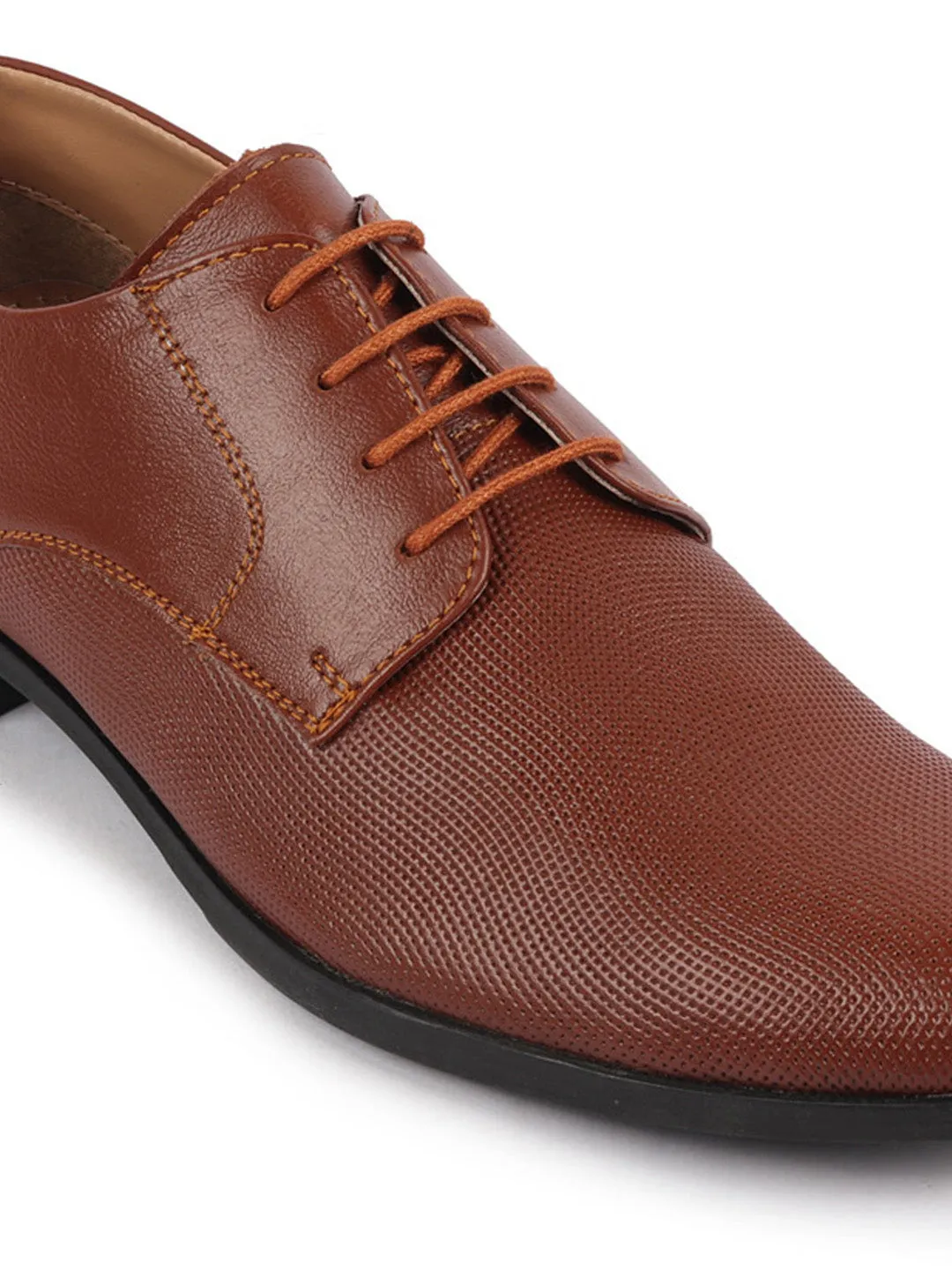 Men Tan Formal Office Textured Design Stitched Genuine Leather Lace Up Shoes