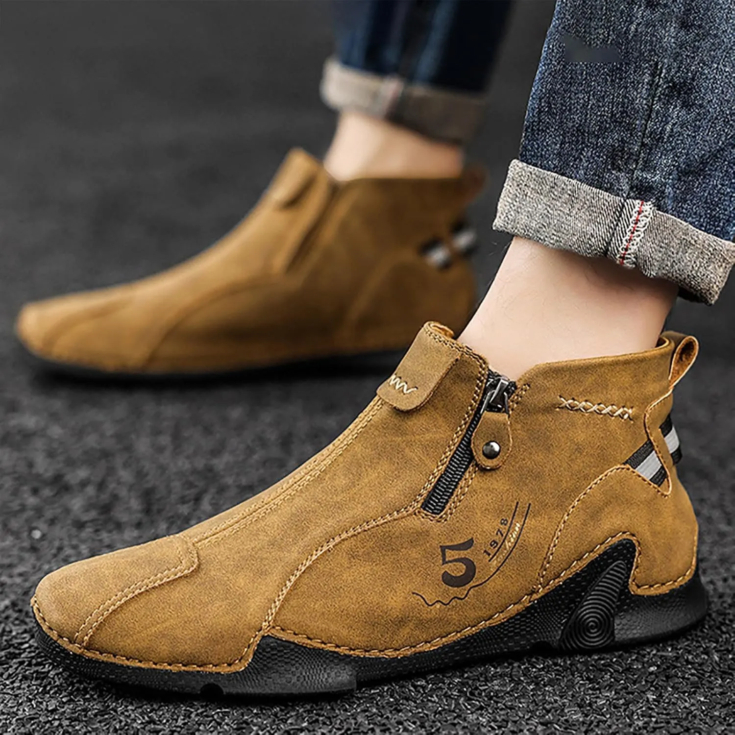 Men's Boots Spring Zipper Oversized Non Slip Durable Work Boot for Outdoor Leisure Large Size Handmade Composite Work Boots Men