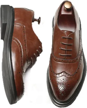 Men's Brogue Carved Derby Shoes,Handmade British Style Elastic Band Round Toe Low Top Wingtip Oxfords Formal Shoes