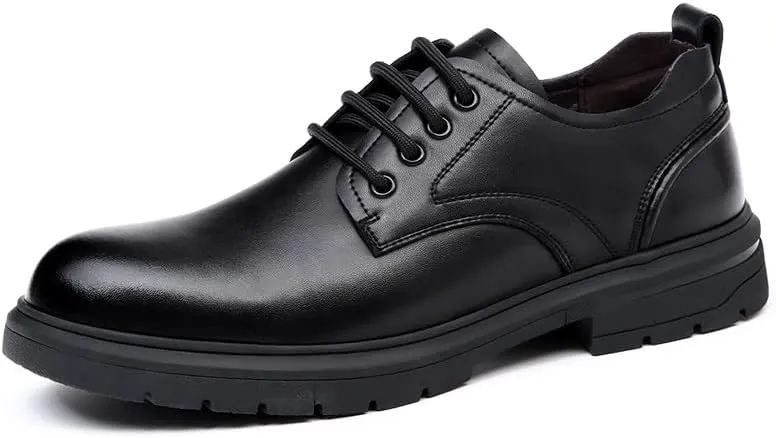 Men's Cap Toe Oxford Dress Casual Leather Lace Up Shoes, Classic Patent Leather Formal Shoes Block Heel Rubber Sole Non Slip Low Top Anti-Slip