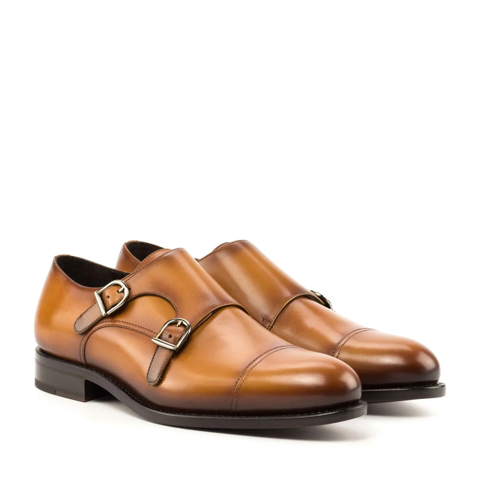 Men's Double Monk Leather Shoes Goodyear Welt Wide Plus Size Brown 5005