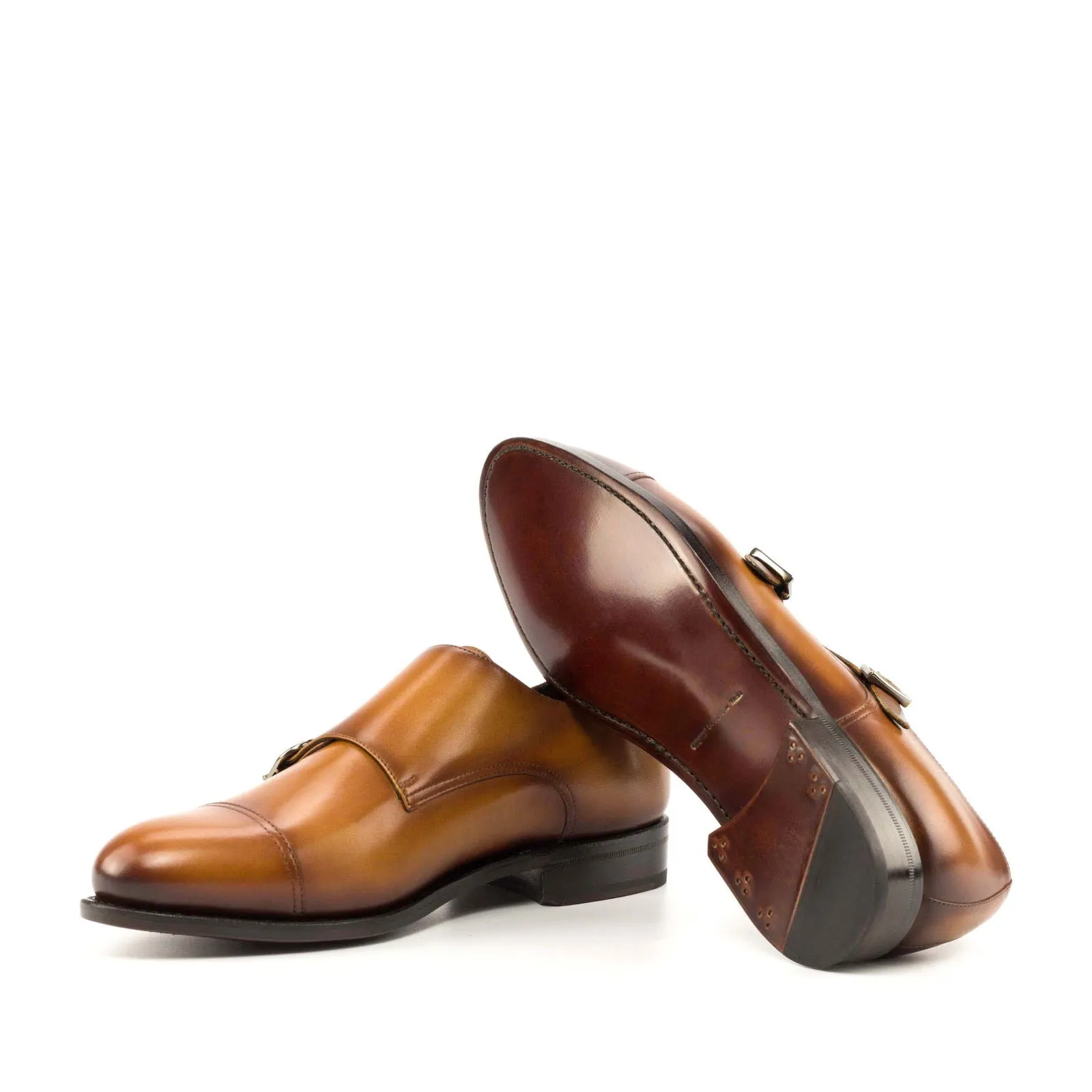 Men's Double Monk Leather Shoes Goodyear Welt Wide Plus Size Brown 5005