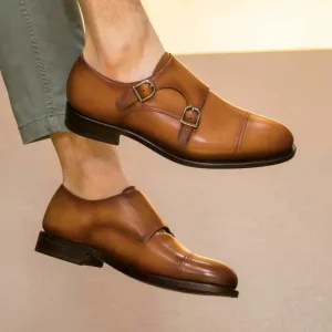 Men's Double Monk Leather Shoes Goodyear Welt Wide Plus Size Brown 5005