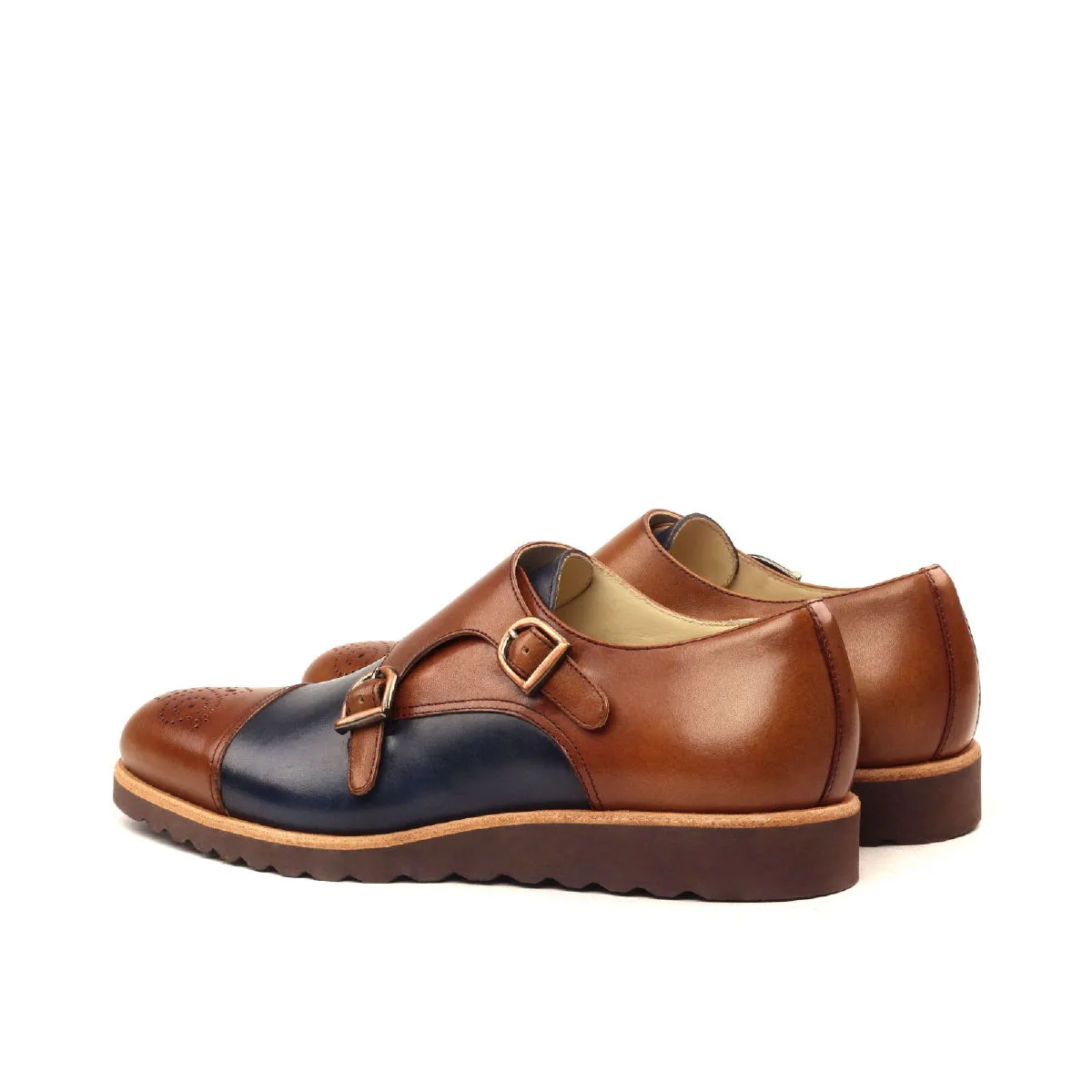 Men's Double Monk Leather Shoes Wide Plus Size Brown Blue 2414