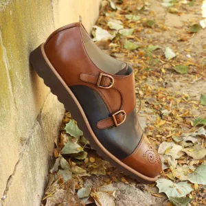 Men's Double Monk Leather Shoes Wide Plus Size Brown Blue 2414