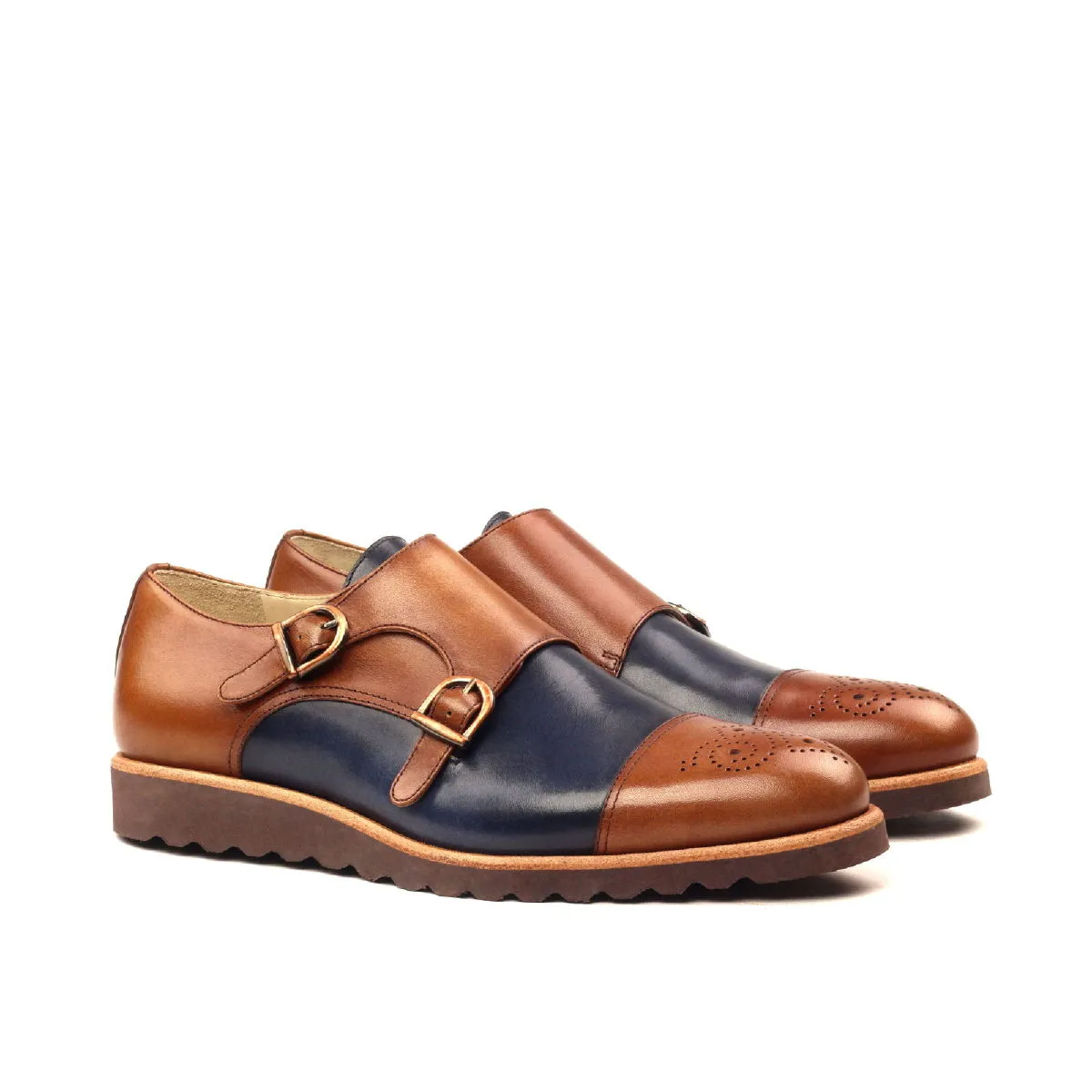 Men's Double Monk Leather Shoes Wide Plus Size Brown Blue 2414