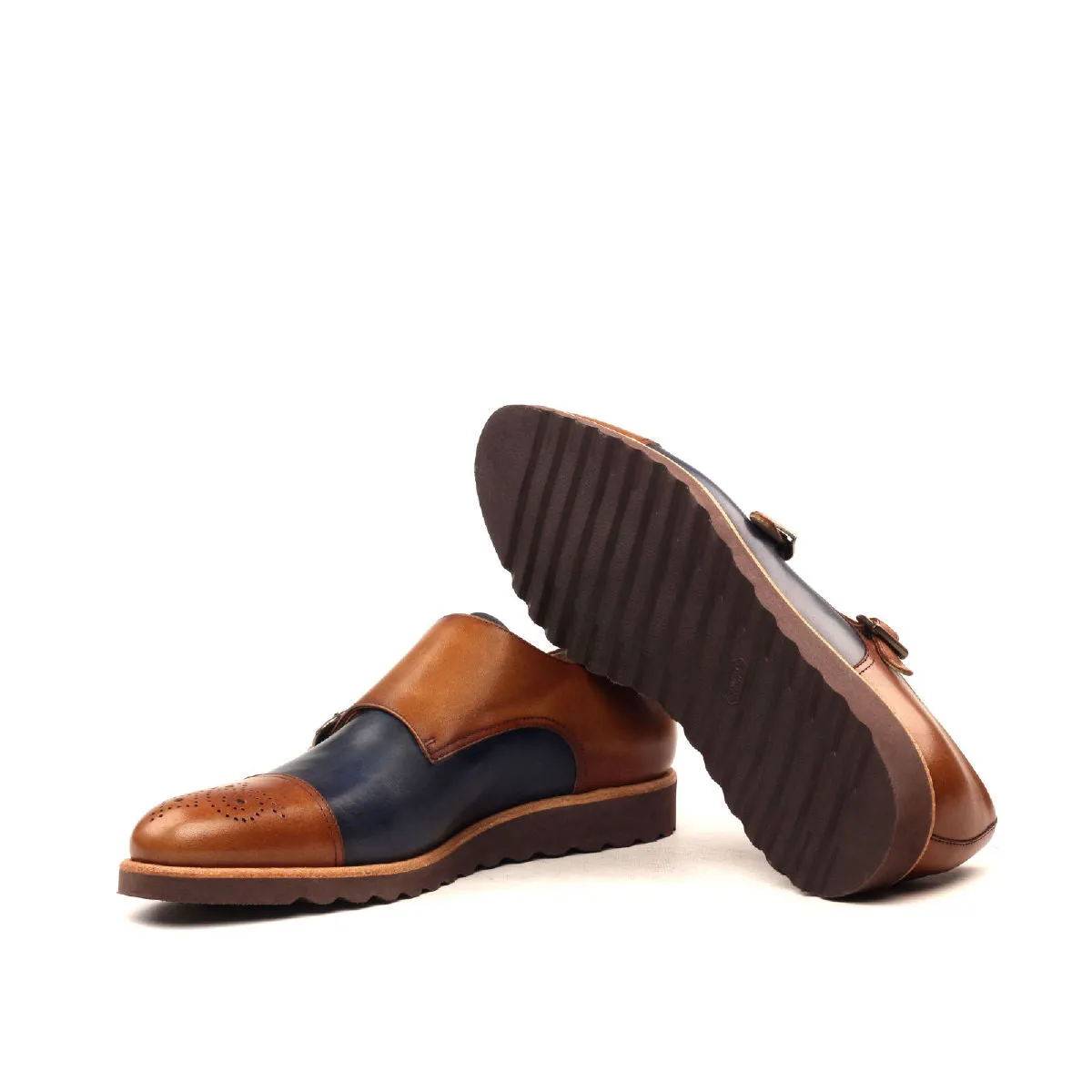 Men's Double Monk Leather Shoes Wide Plus Size Brown Blue 2414