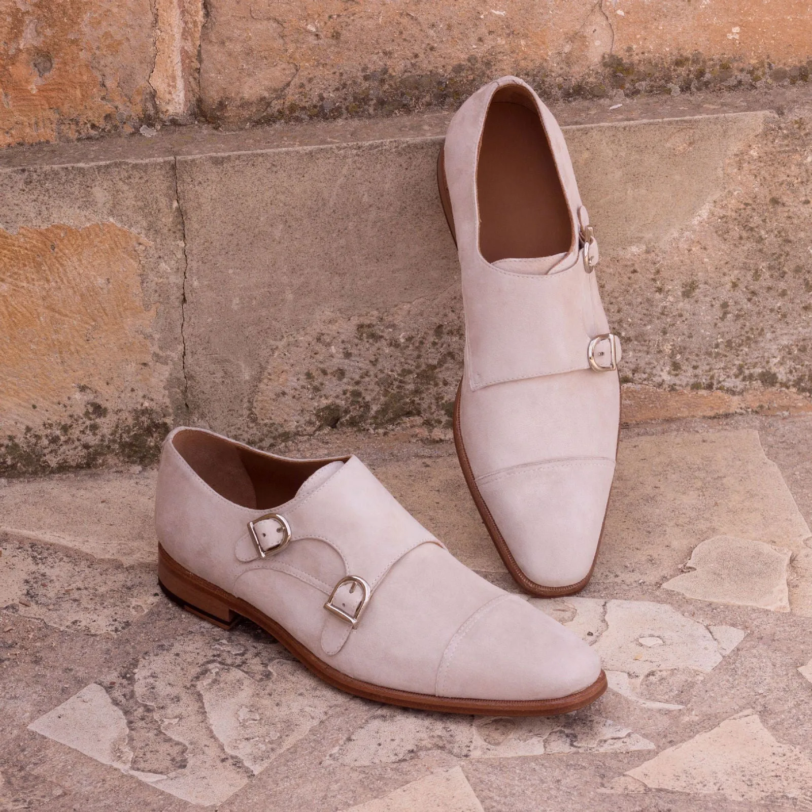 Men's Double Monk Leather Shoes Wide Plus Size White 2316