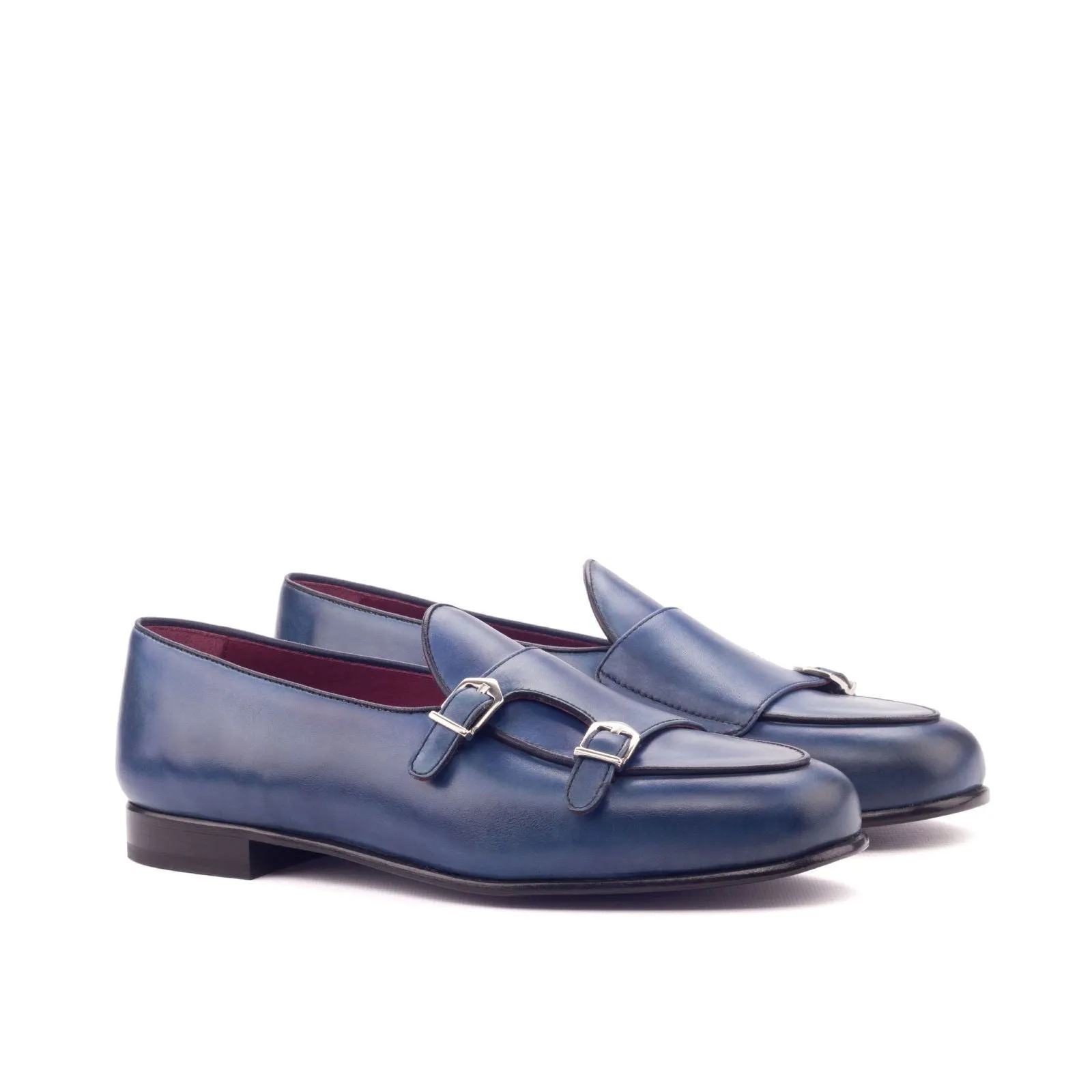 Men's Double Monk Leather Slippers Wide Plus Size Blue Black 3122