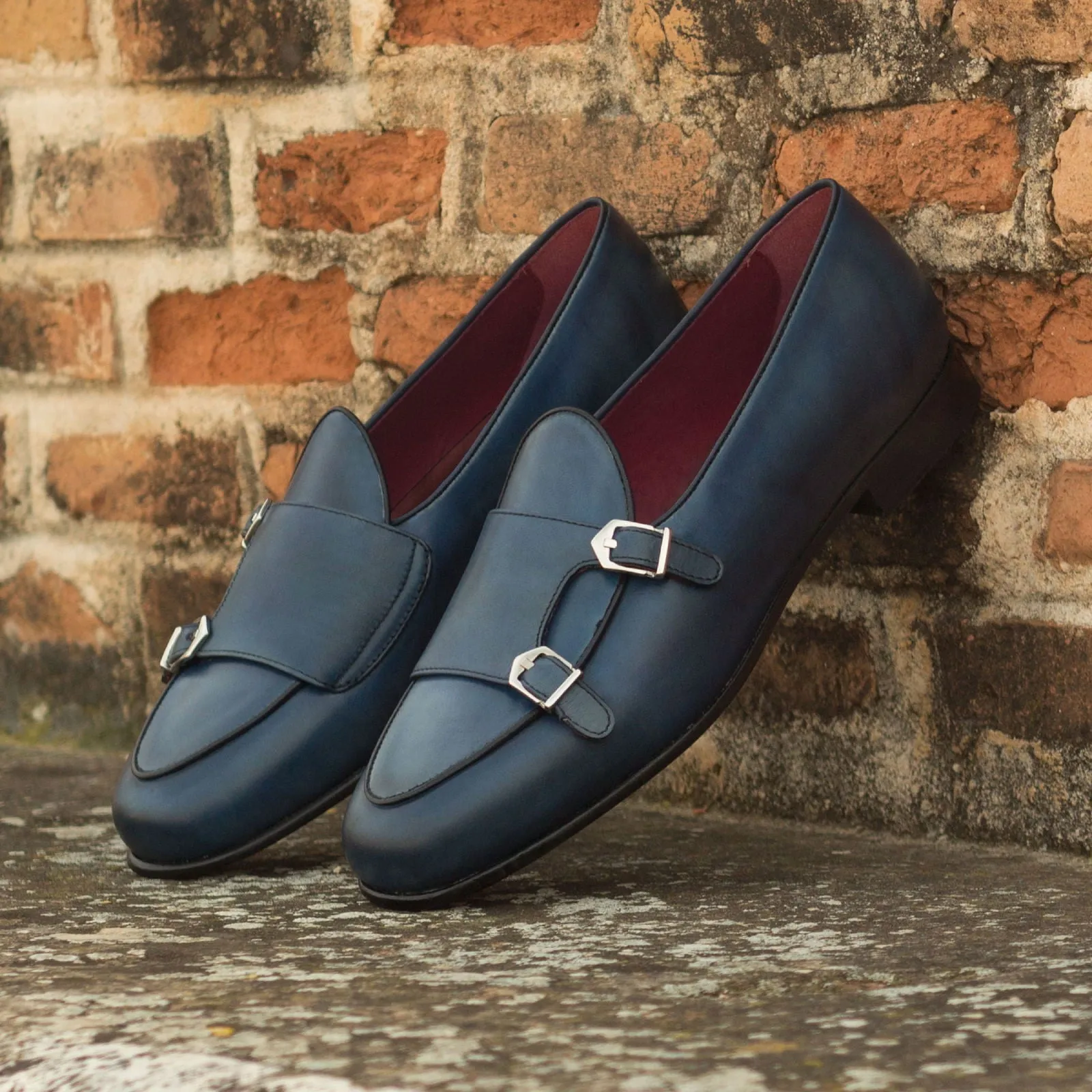 Men's Double Monk Leather Slippers Wide Plus Size Blue Black 3122