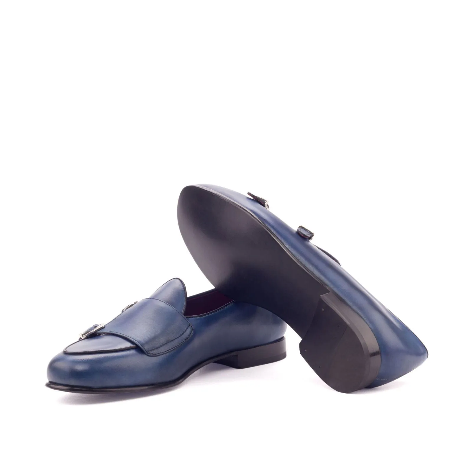 Men's Double Monk Leather Slippers Wide Plus Size Blue Black 3122