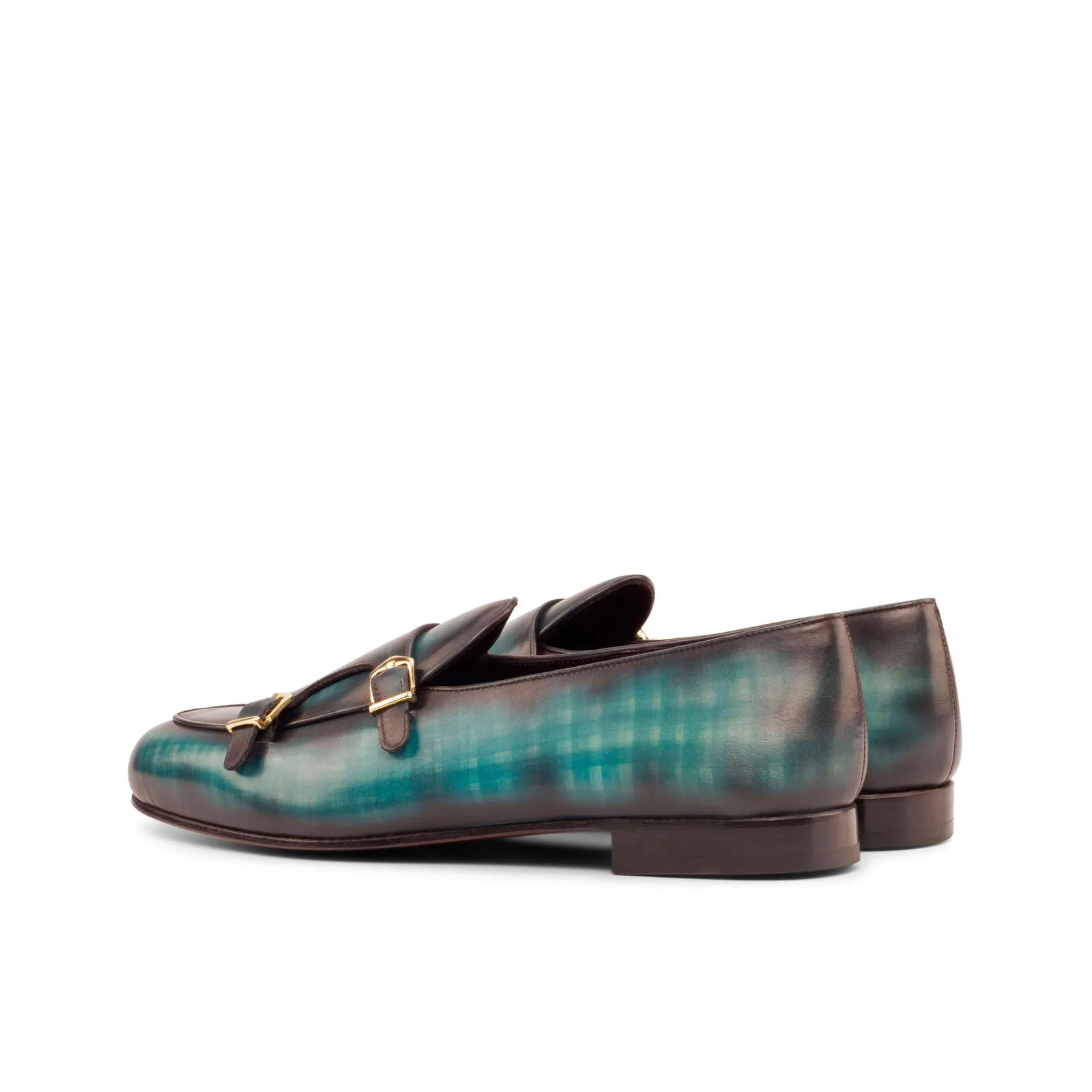 Men's Double Monk Slippers Patina Leather Wide Plus Size Blue 4697