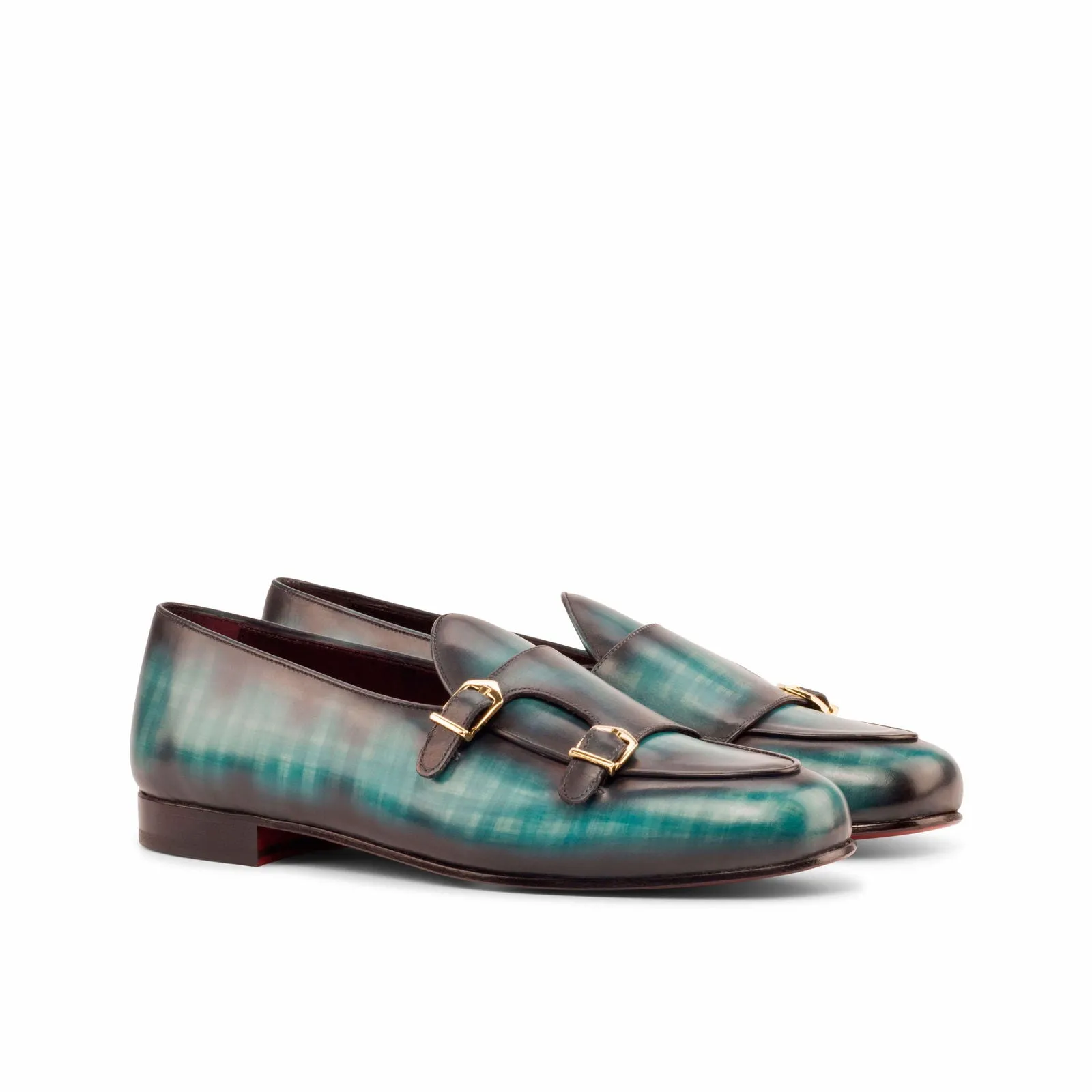 Men's Double Monk Slippers Patina Leather Wide Plus Size Blue 4697
