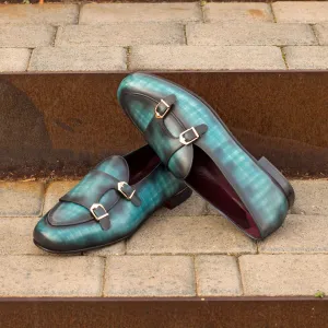 Men's Double Monk Slippers Patina Leather Wide Plus Size Blue 4697