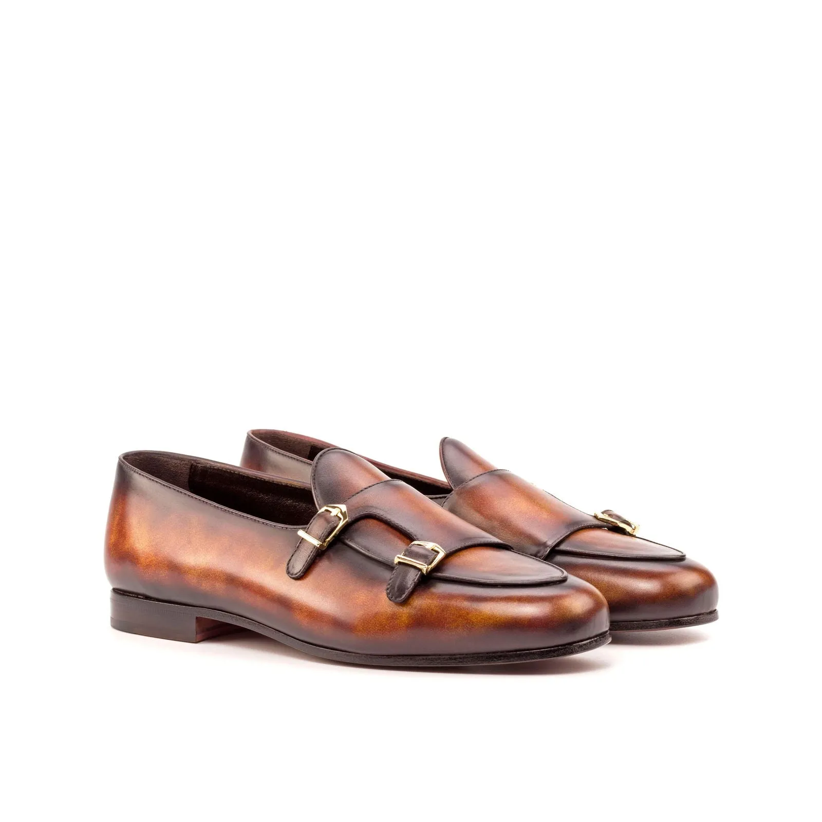 Men's Double Monk Slippers Patina Leather Wide Plus Size Burgundy 4706
