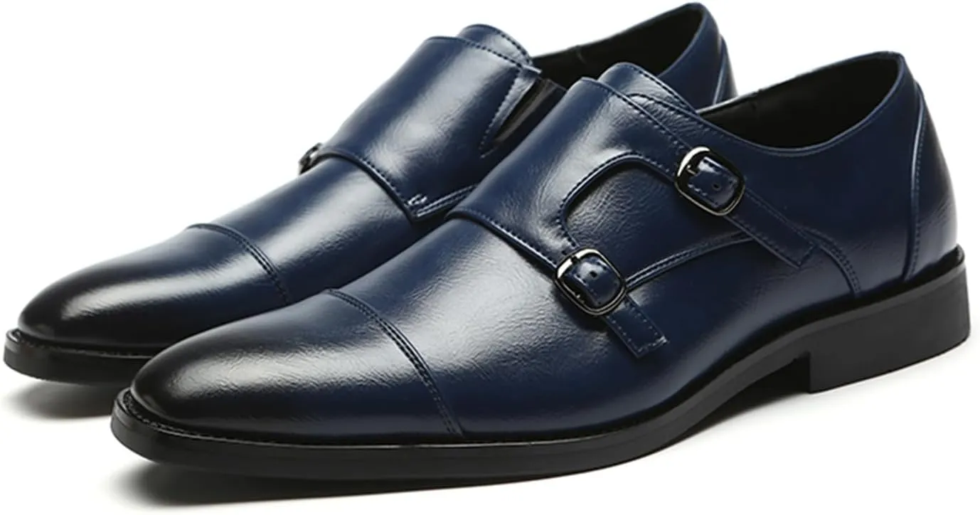 Mens Double Monk Strap Cap Toe PU Leather Dress Shoes Loafers Oxford