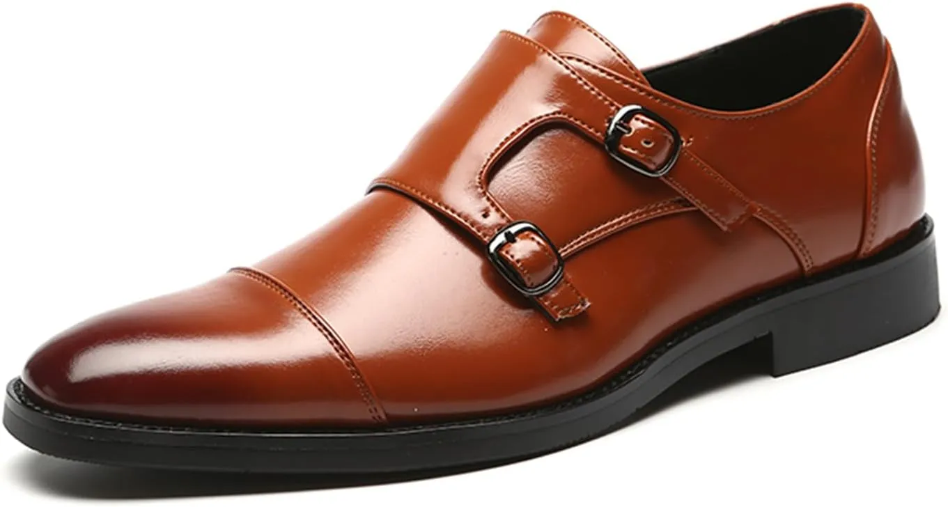 Mens Double Monk Strap Cap Toe PU Leather Dress Shoes Loafers Oxford