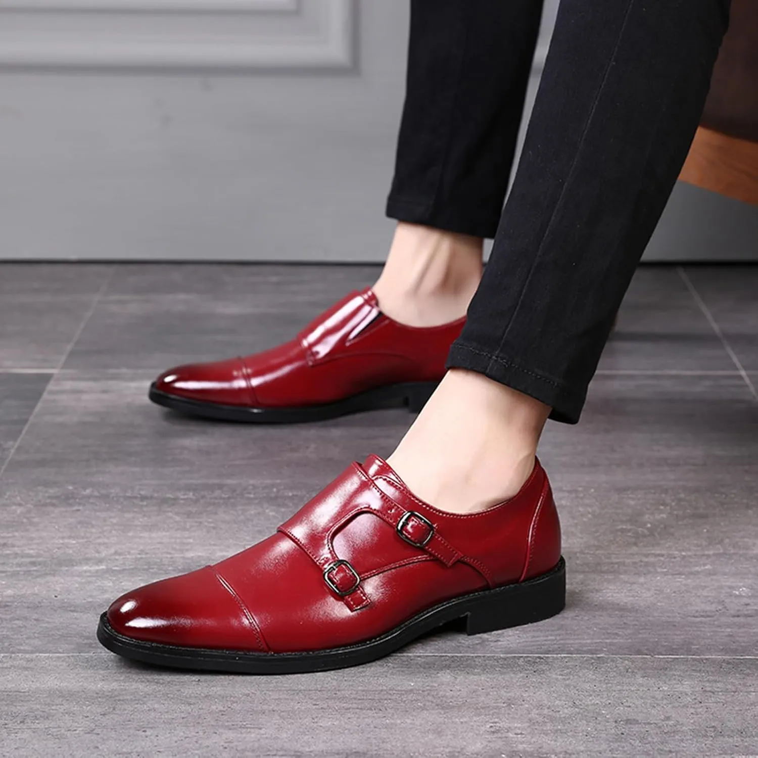 Mens Double Monk Strap Cap Toe PU Leather Dress Shoes Loafers Oxford