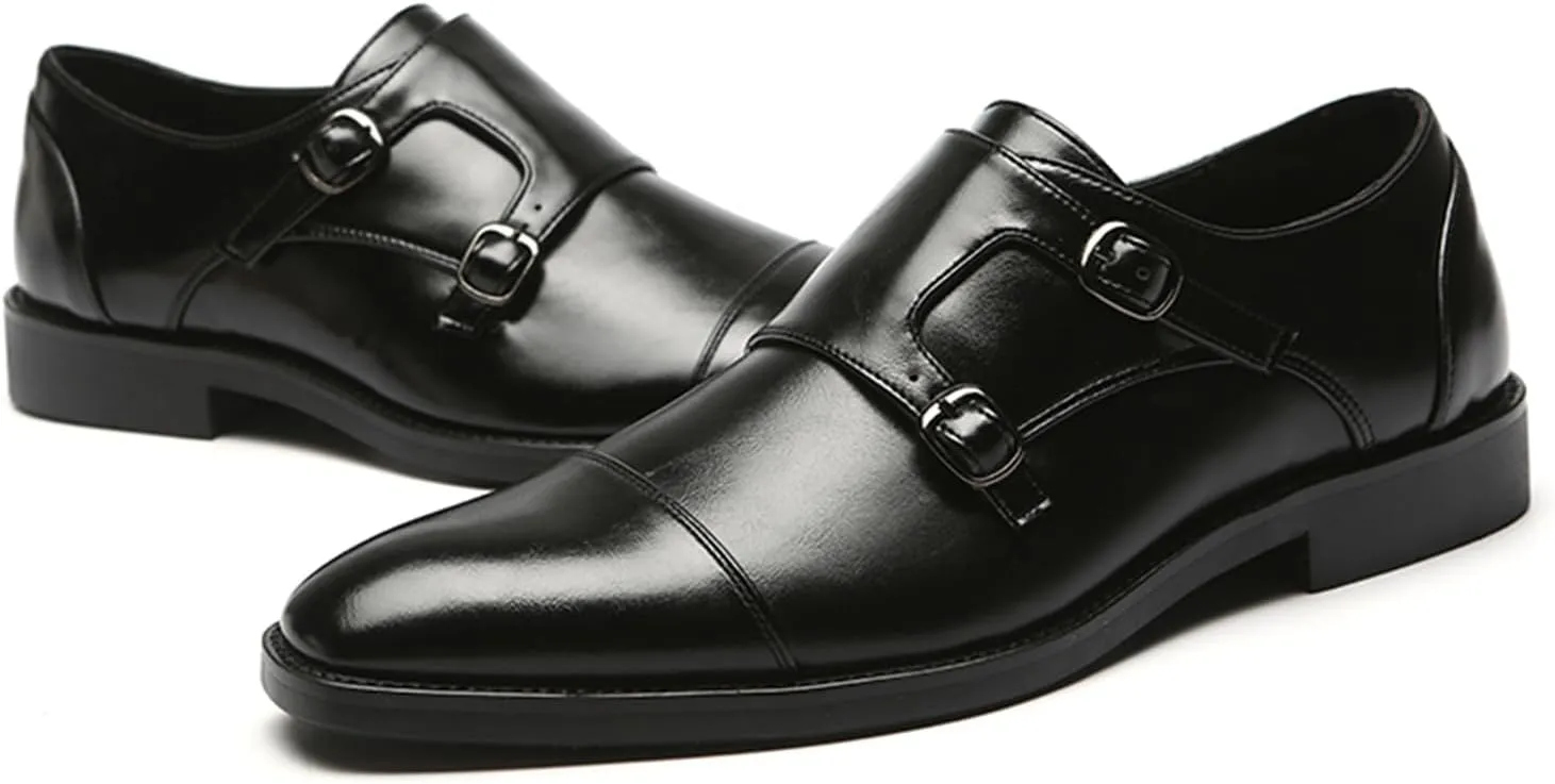 Mens Double Monk Strap Cap Toe PU Leather Dress Shoes Loafers Oxford
