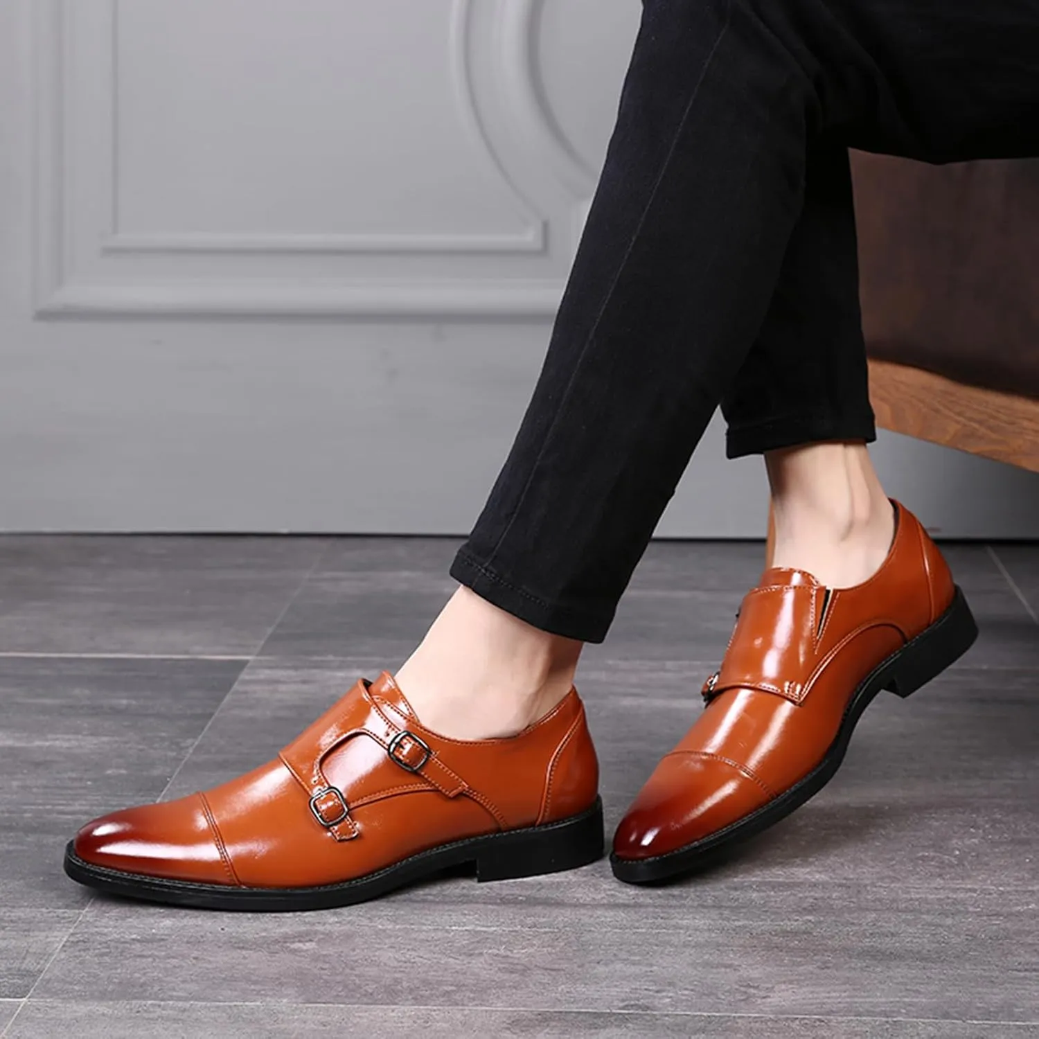 Mens Double Monk Strap Cap Toe PU Leather Dress Shoes Loafers Oxford