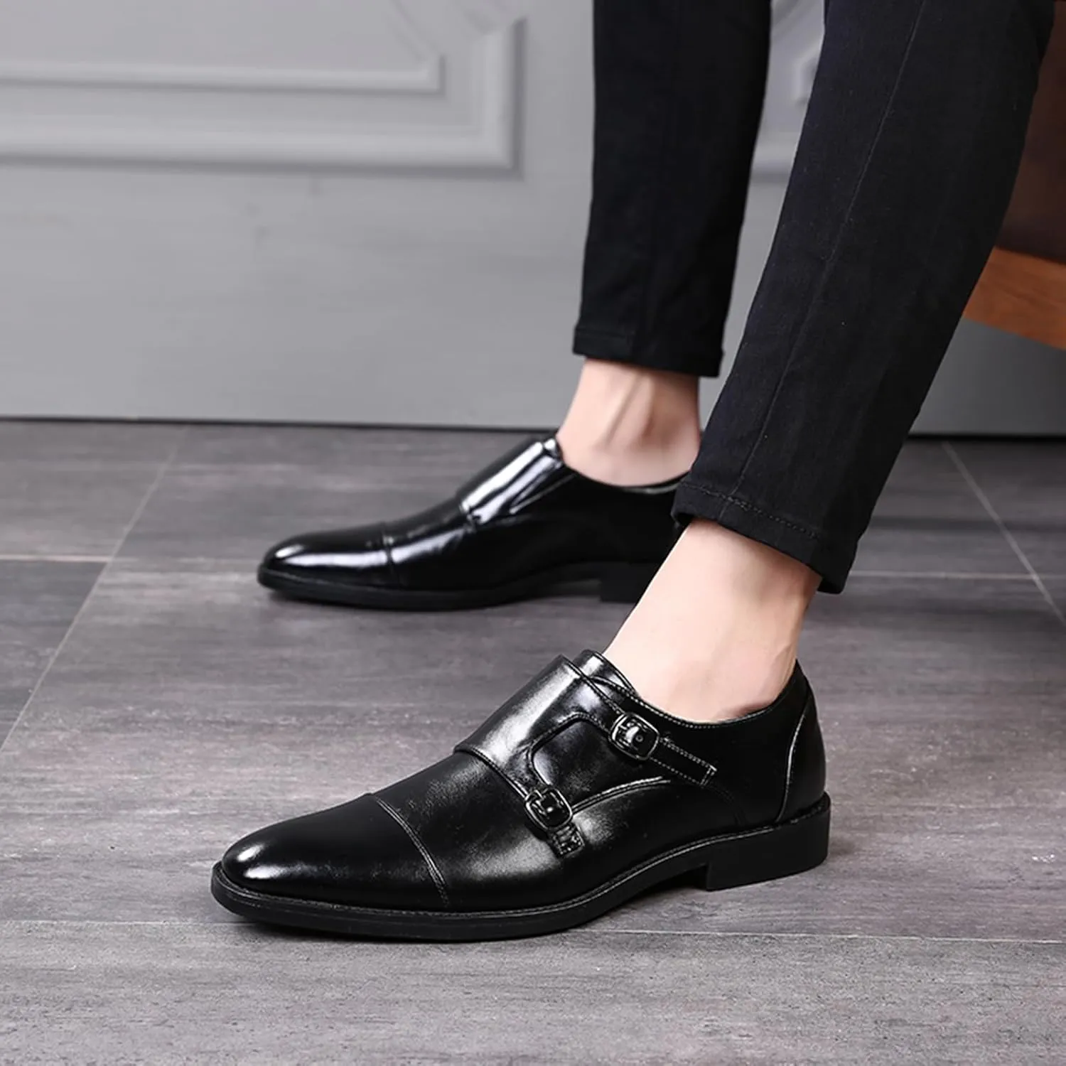 Mens Double Monk Strap Cap Toe PU Leather Dress Shoes Loafers Oxford