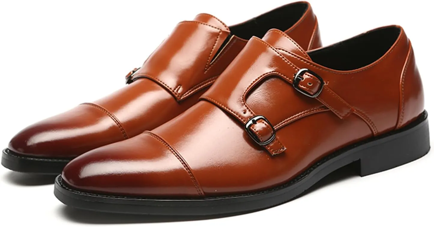 Mens Double Monk Strap Cap Toe PU Leather Dress Shoes Loafers Oxford