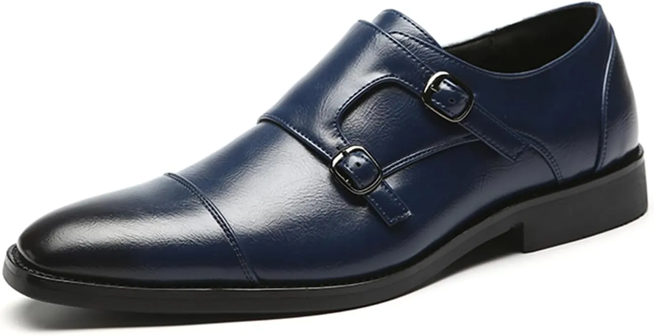 Mens Double Monk Strap Cap Toe PU Leather Dress Shoes Loafers Oxford
