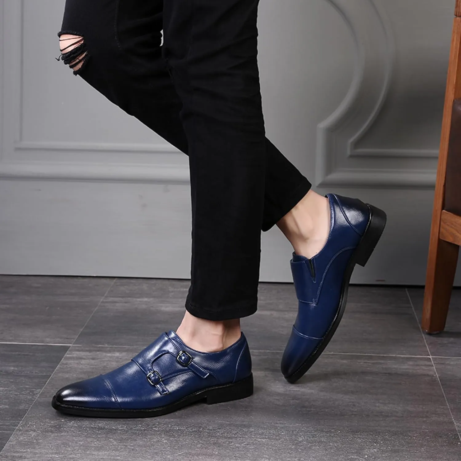 Mens Double Monk Strap Cap Toe PU Leather Dress Shoes Loafers Oxford