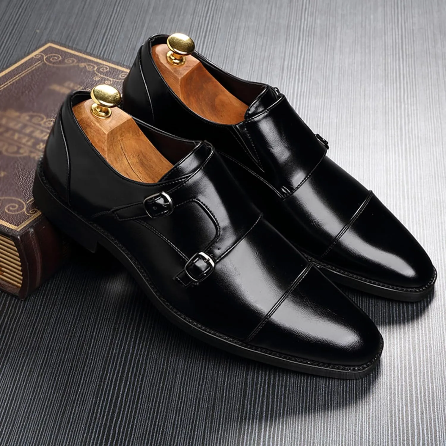 Mens Double Monk Strap Cap Toe PU Leather Dress Shoes Loafers Oxford