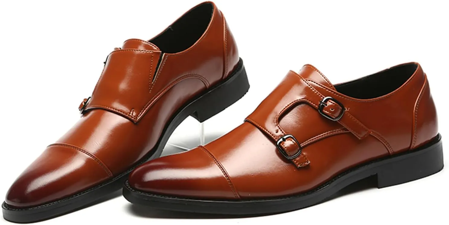 Mens Double Monk Strap Cap Toe PU Leather Dress Shoes Loafers Oxford