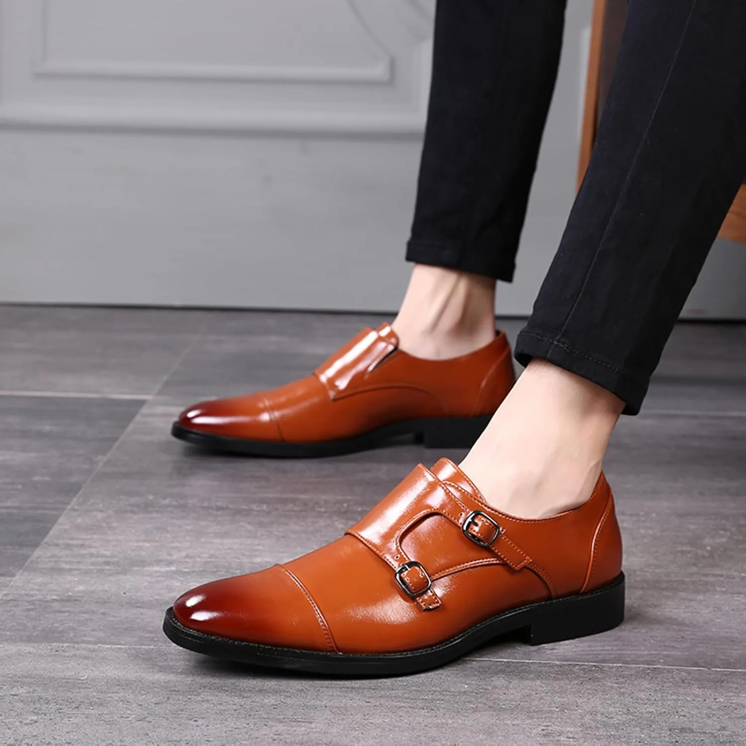 Mens Double Monk Strap Cap Toe PU Leather Dress Shoes Loafers Oxford