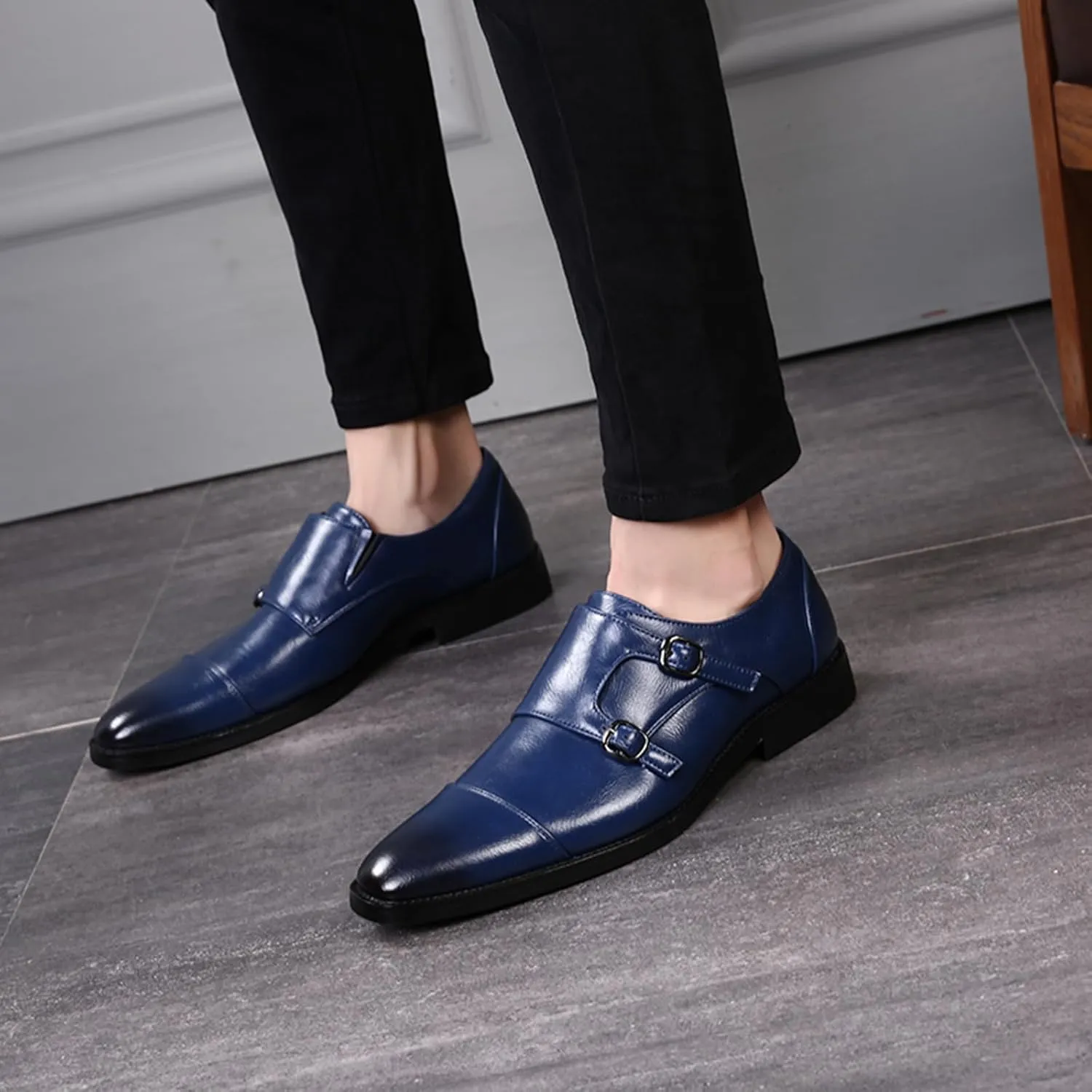 Mens Double Monk Strap Cap Toe PU Leather Dress Shoes Loafers Oxford
