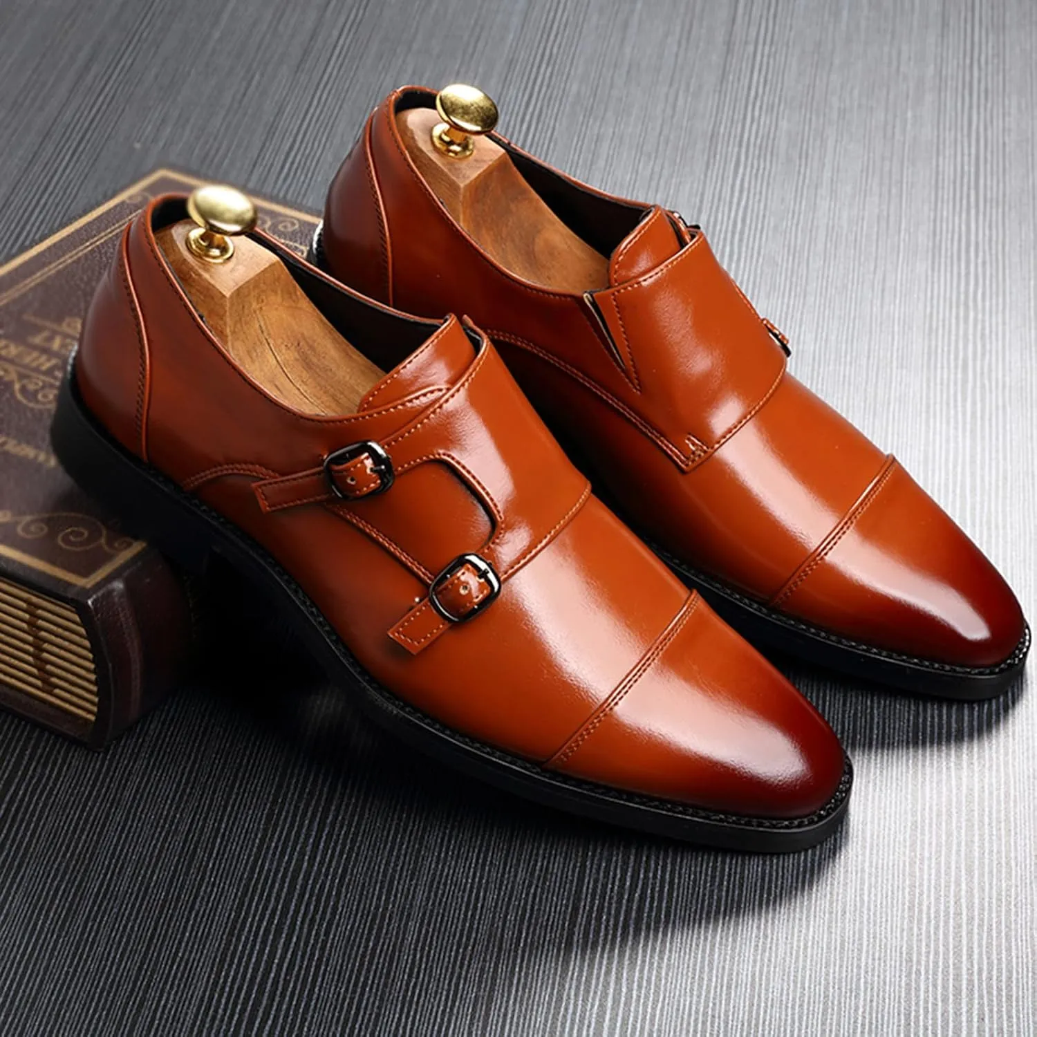 Mens Double Monk Strap Cap Toe PU Leather Dress Shoes Loafers Oxford