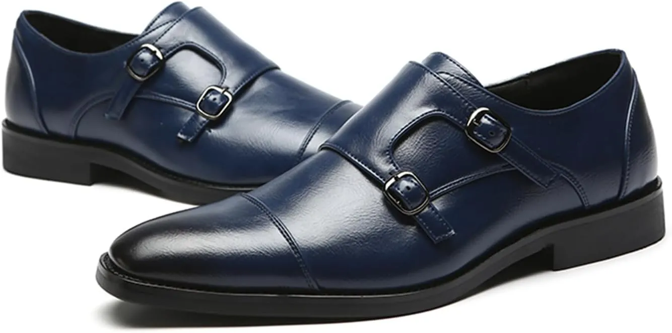 Mens Double Monk Strap Cap Toe PU Leather Dress Shoes Loafers Oxford
