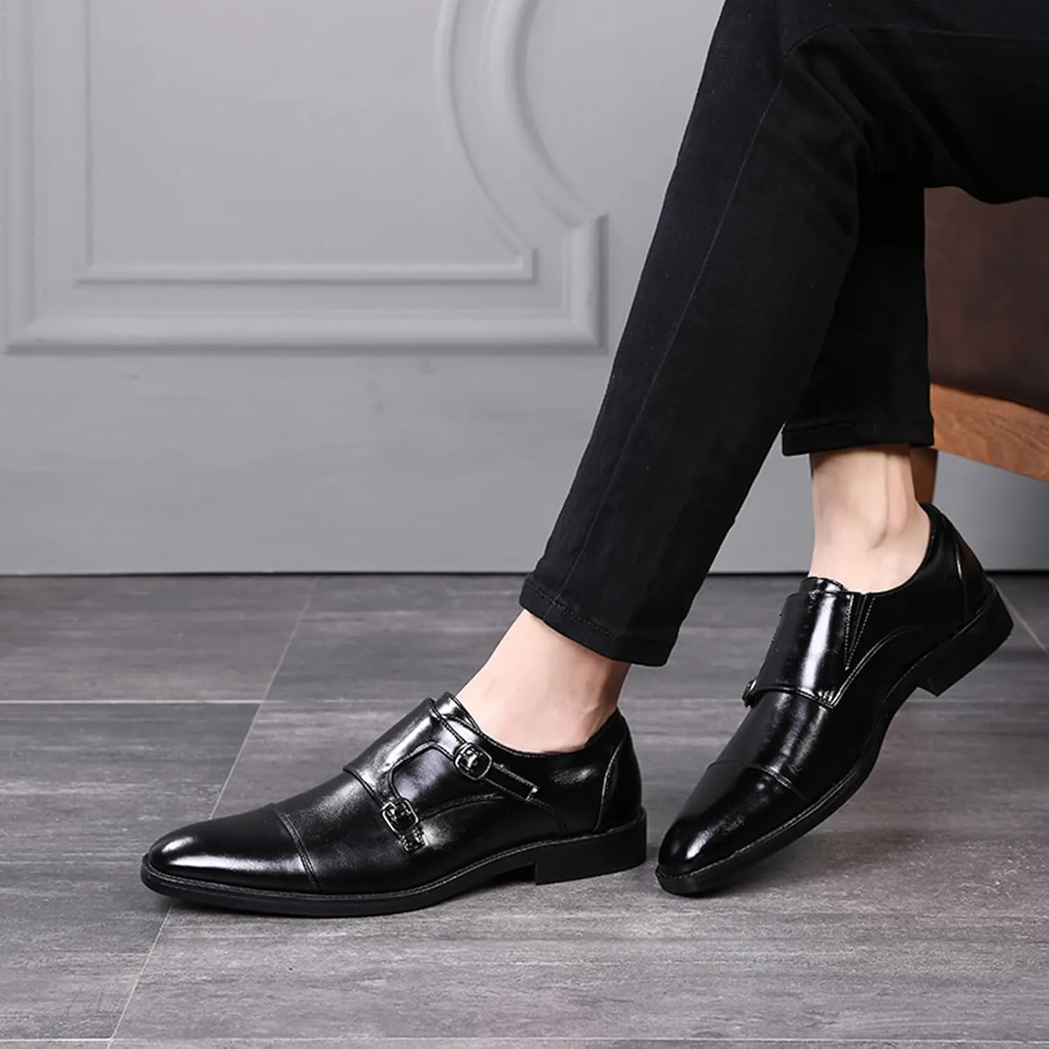 Mens Double Monk Strap Cap Toe PU Leather Dress Shoes Loafers Oxford