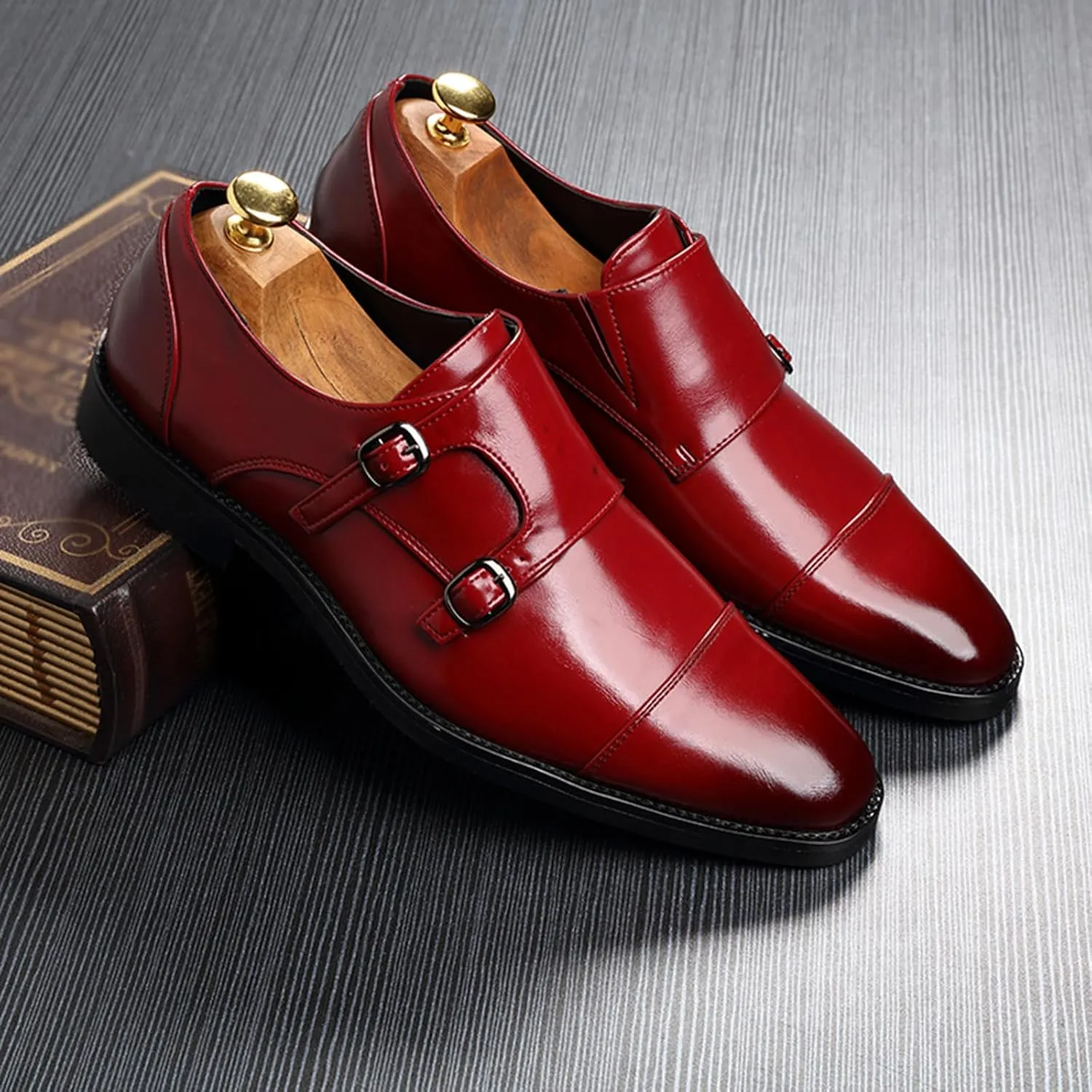 Mens Double Monk Strap Cap Toe PU Leather Dress Shoes Loafers Oxford