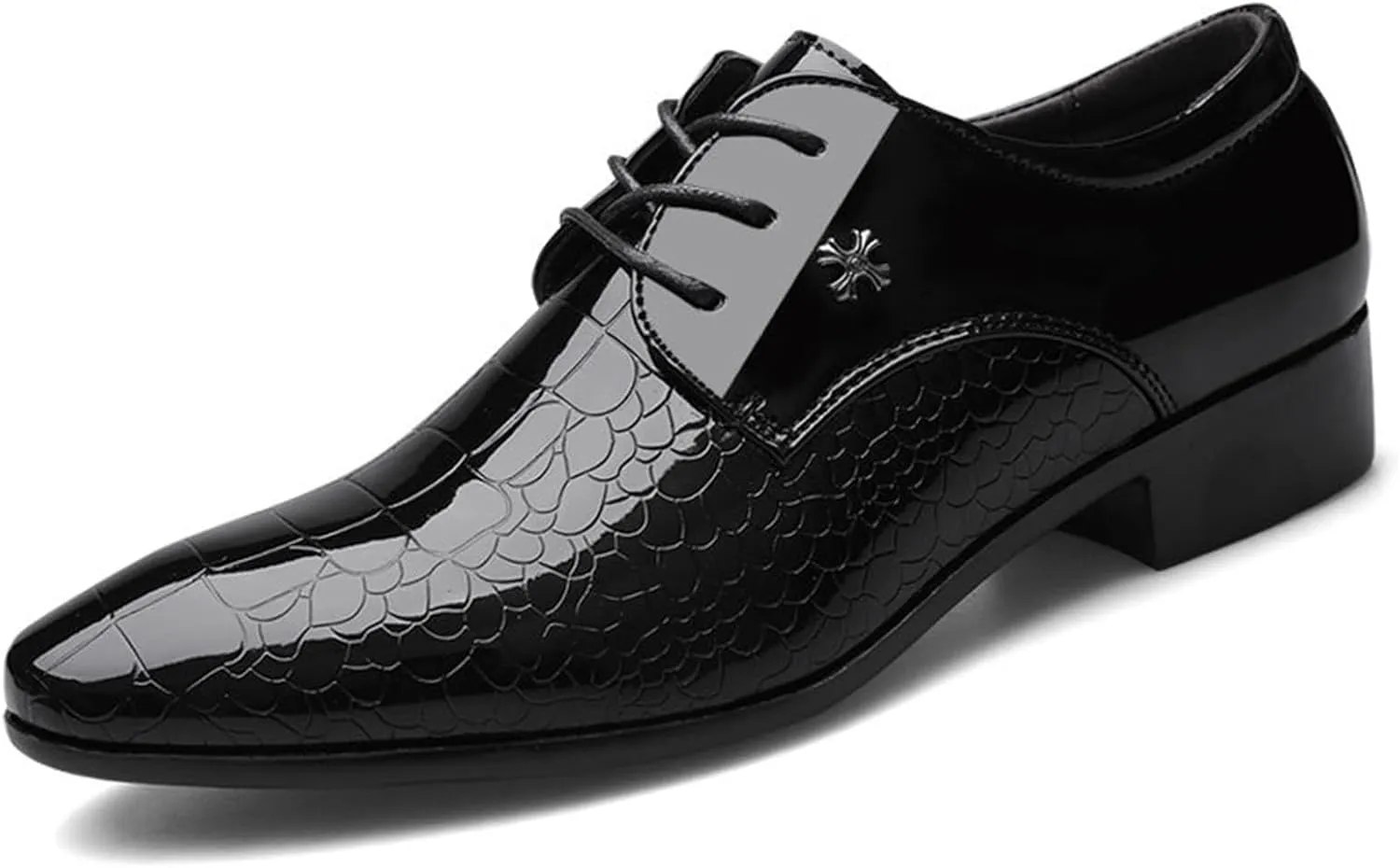 Mens Fashion Black Patent Leather Shoes Lace Up Derbys Formal Business Shoes Pointed Toe Shiny Flat Dress Shoes