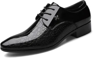 Mens Fashion Black Patent Leather Shoes Lace Up Derbys Formal Business Shoes Pointed Toe Shiny Flat Dress Shoes